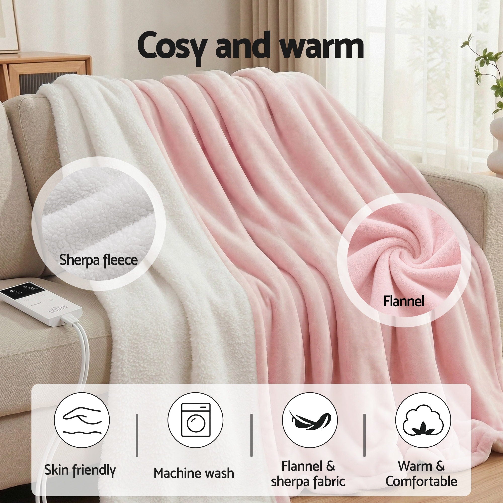 Giselle Electric Throw Rug Double Size 200x180cm Fleece Flannel Heated Blanket Pink - Free Delivery