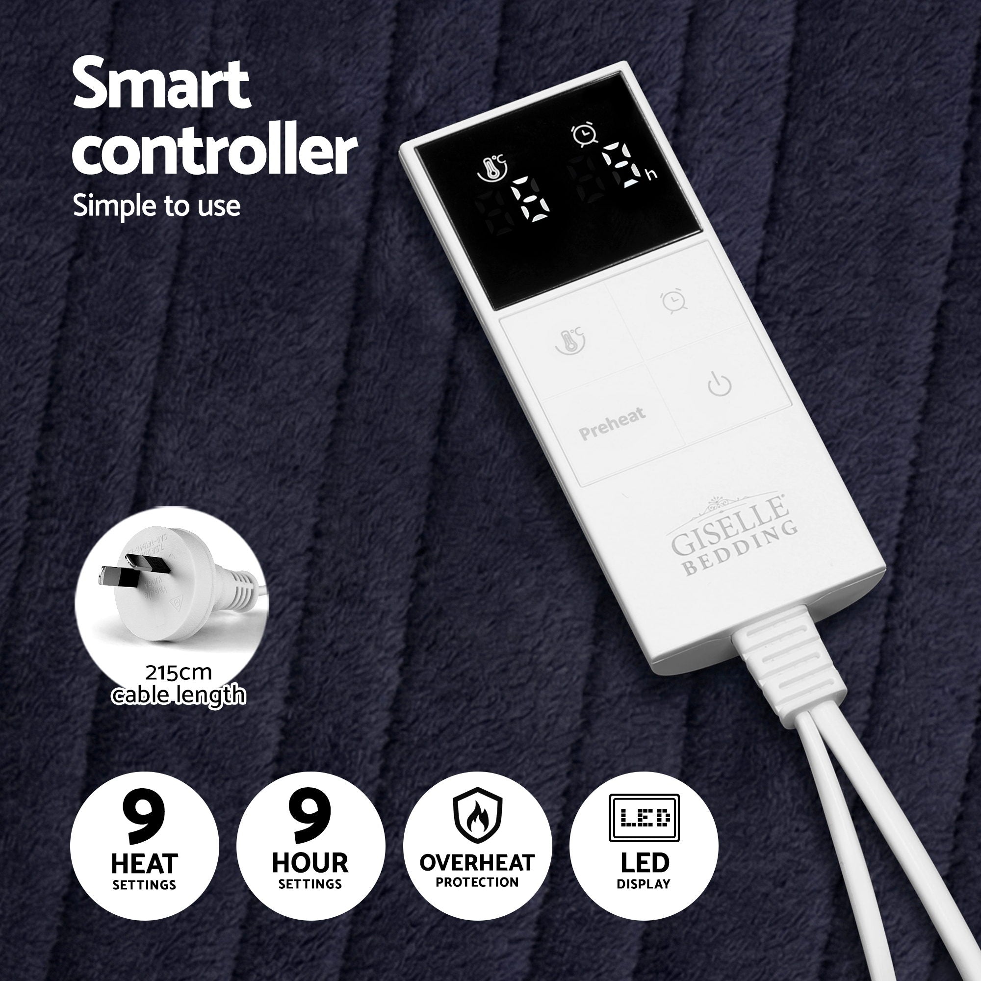 Giselle Electric Throw Rug Double Size 200x180cm Coral Fleece Heated Blanket Charcoal - Free Delivery