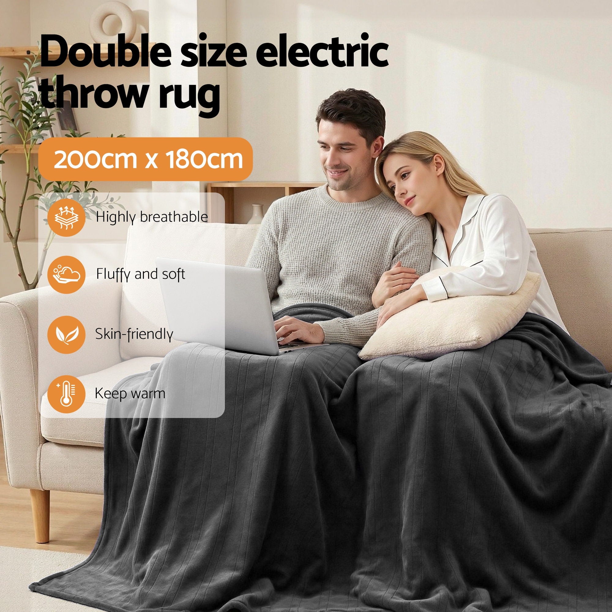 Giselle Electric Throw Rug Double Size 200x180cm Coral Fleece Heated Blanket Grey - Free Delivery
