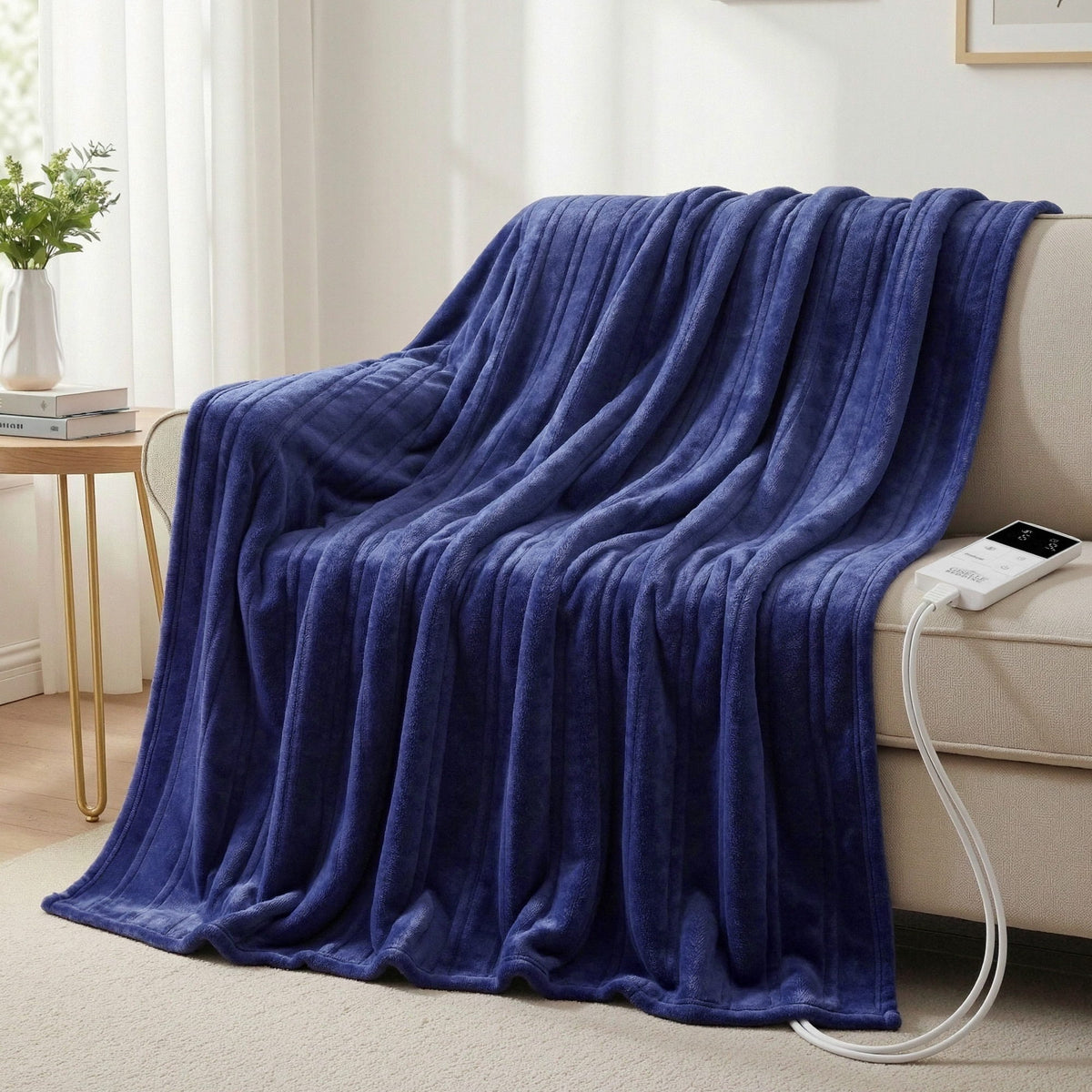 Giselle Electric Throw Rug Double Size 200x180cm Coral Fleece Heated Blanket Navy Blue - Free Delivery