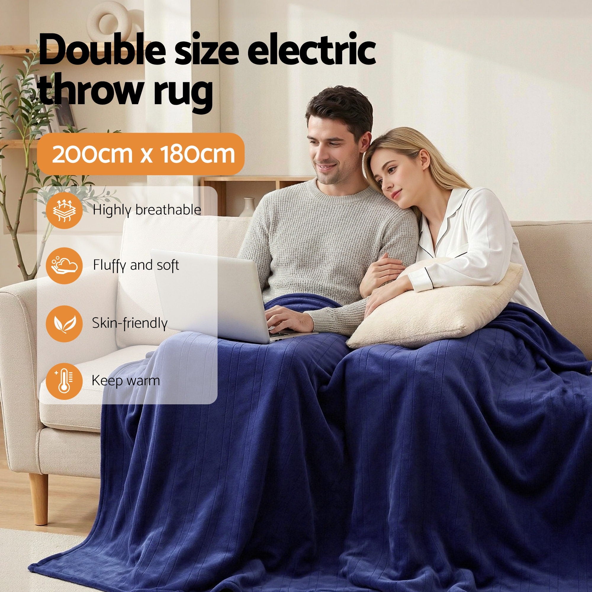 Giselle Electric Throw Rug Double Size 200x180cm Coral Fleece Heated Blanket Navy Blue - Free Delivery