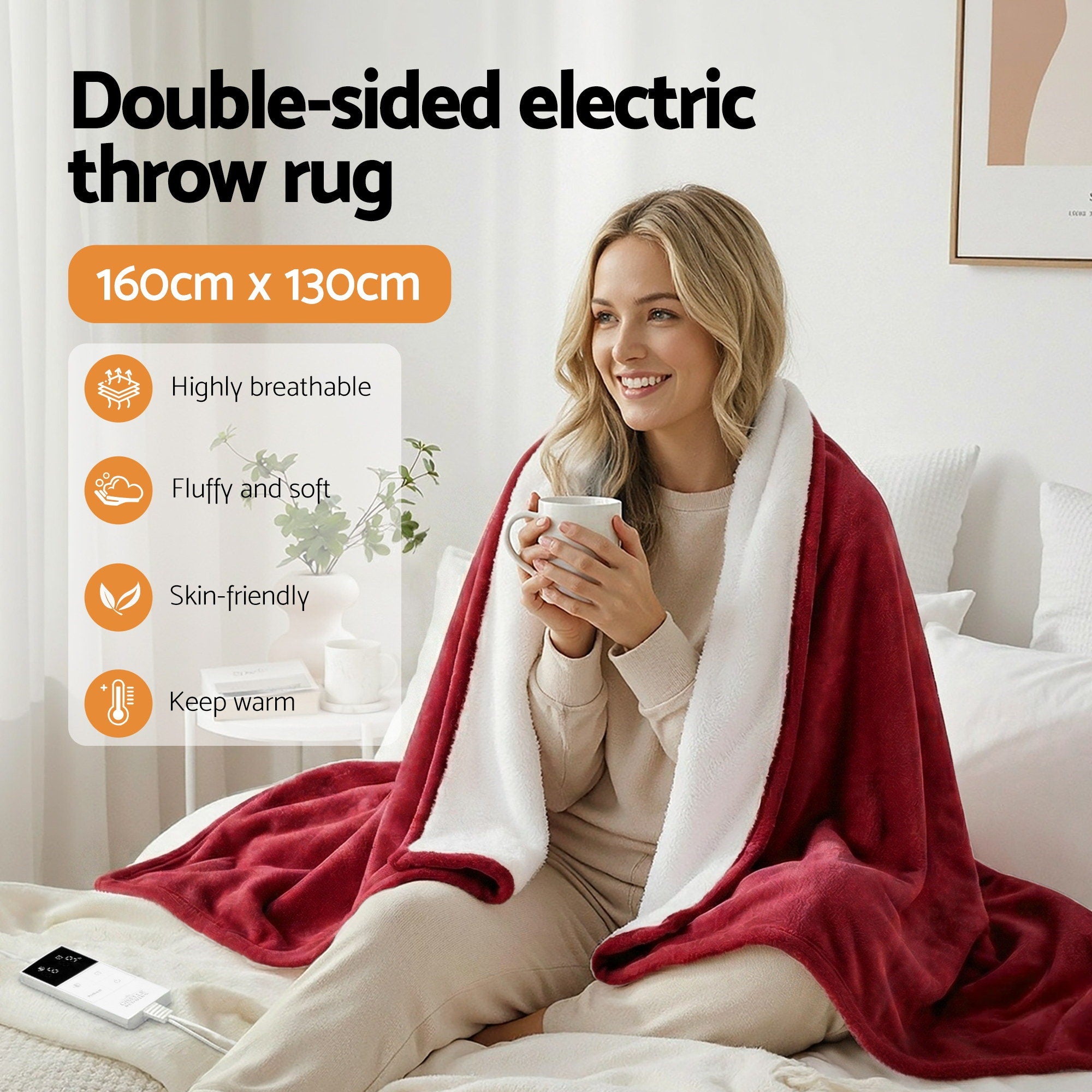 Giselle Electric Throw Rug Dual Side Fleece Flannel Heated Blanket Burgundy - Free Delivery