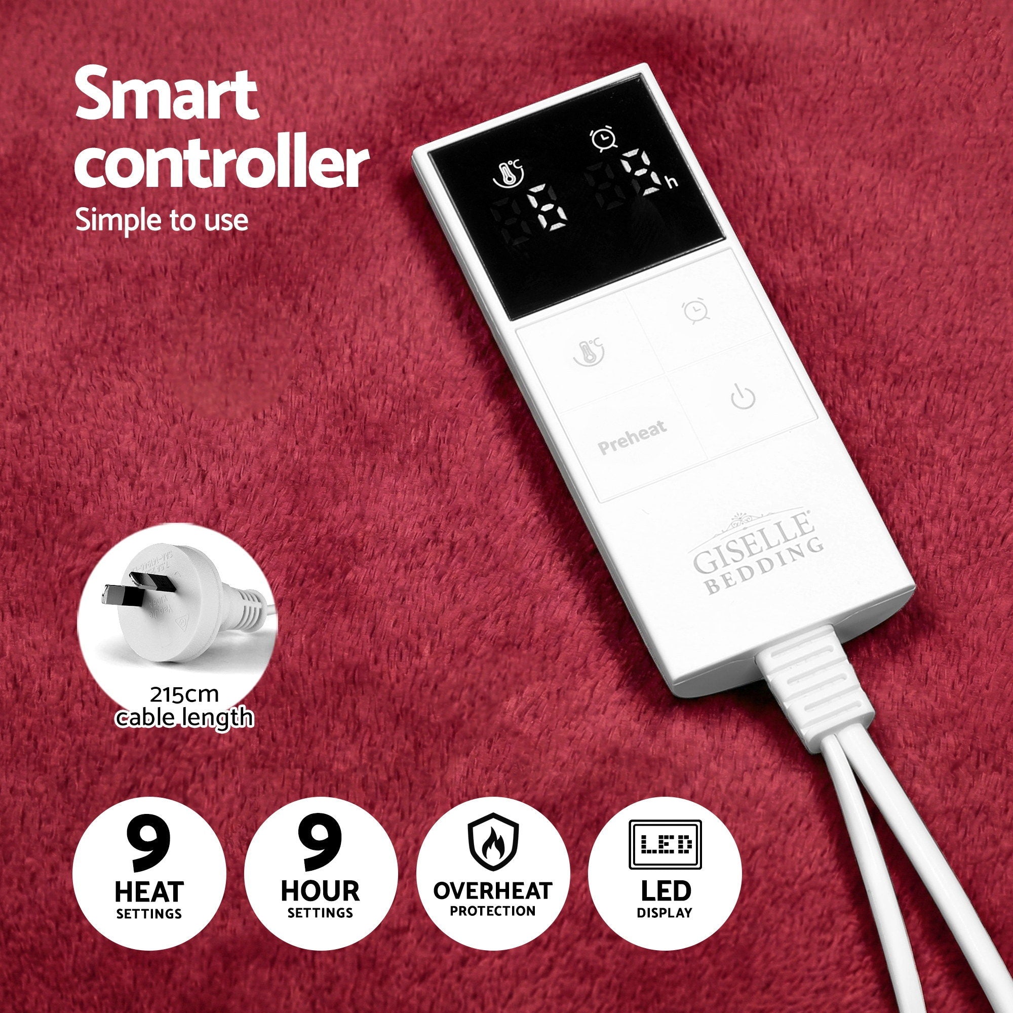 Giselle Electric Throw Rug Dual Side Fleece Flannel Heated Blanket Burgundy - Free Delivery