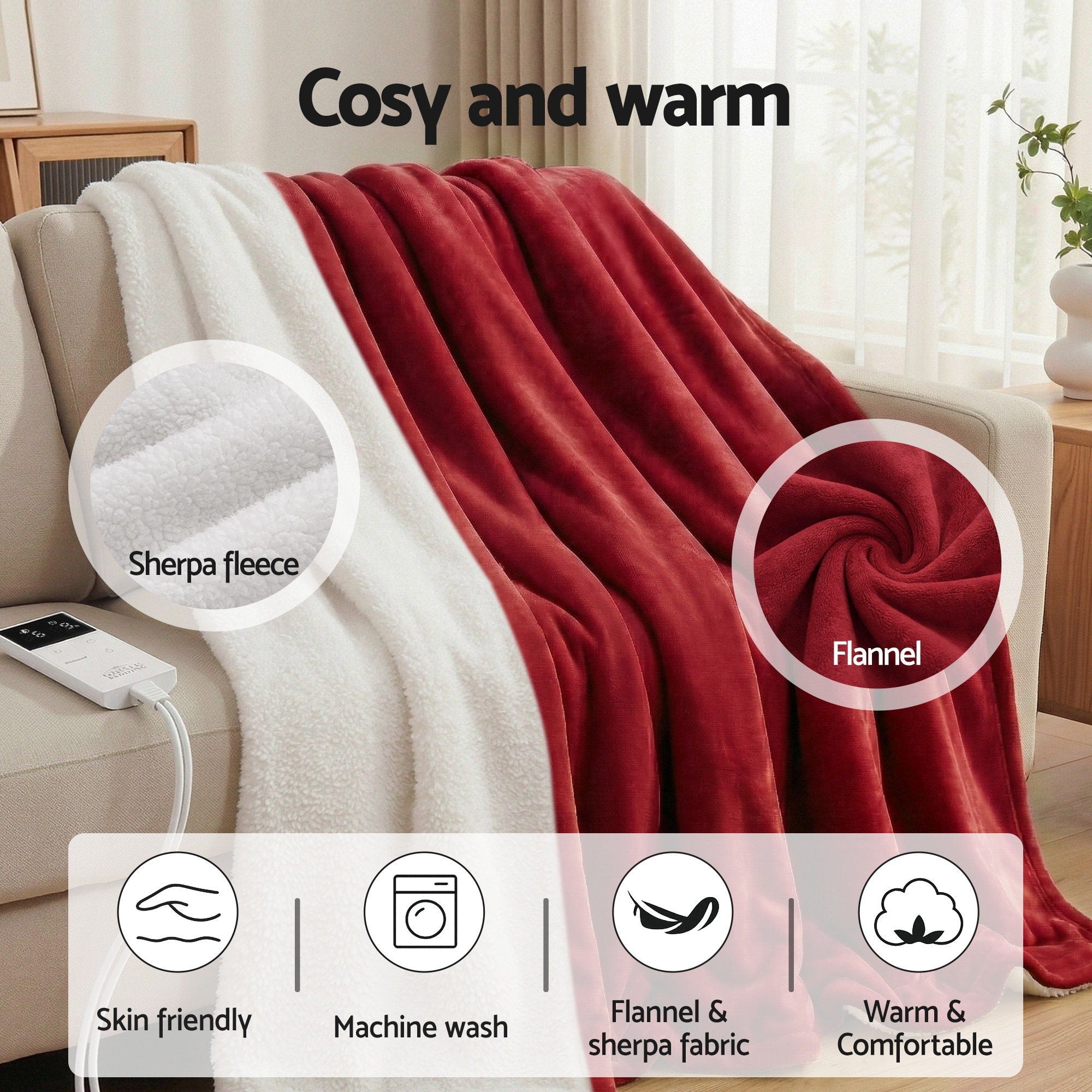 Giselle Electric Throw Rug Dual Side Fleece Flannel Heated Blanket Burgundy - Free Delivery