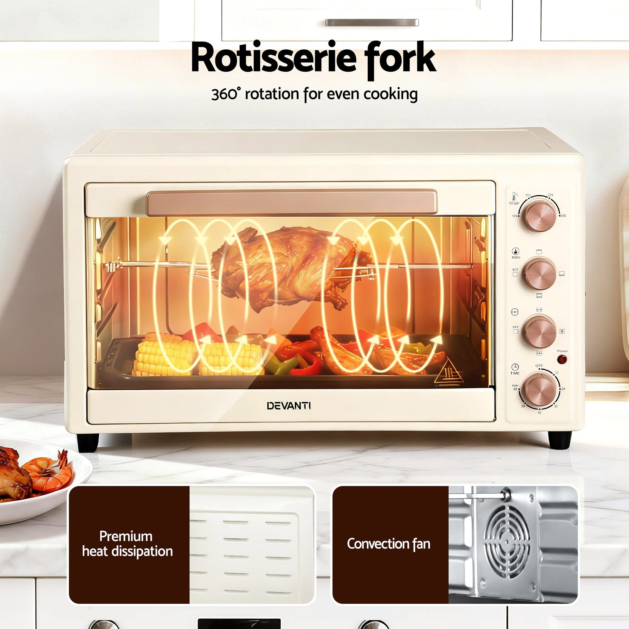 Devanti 60L Convection Oven Electric Fryer Ovens 2000W Cream