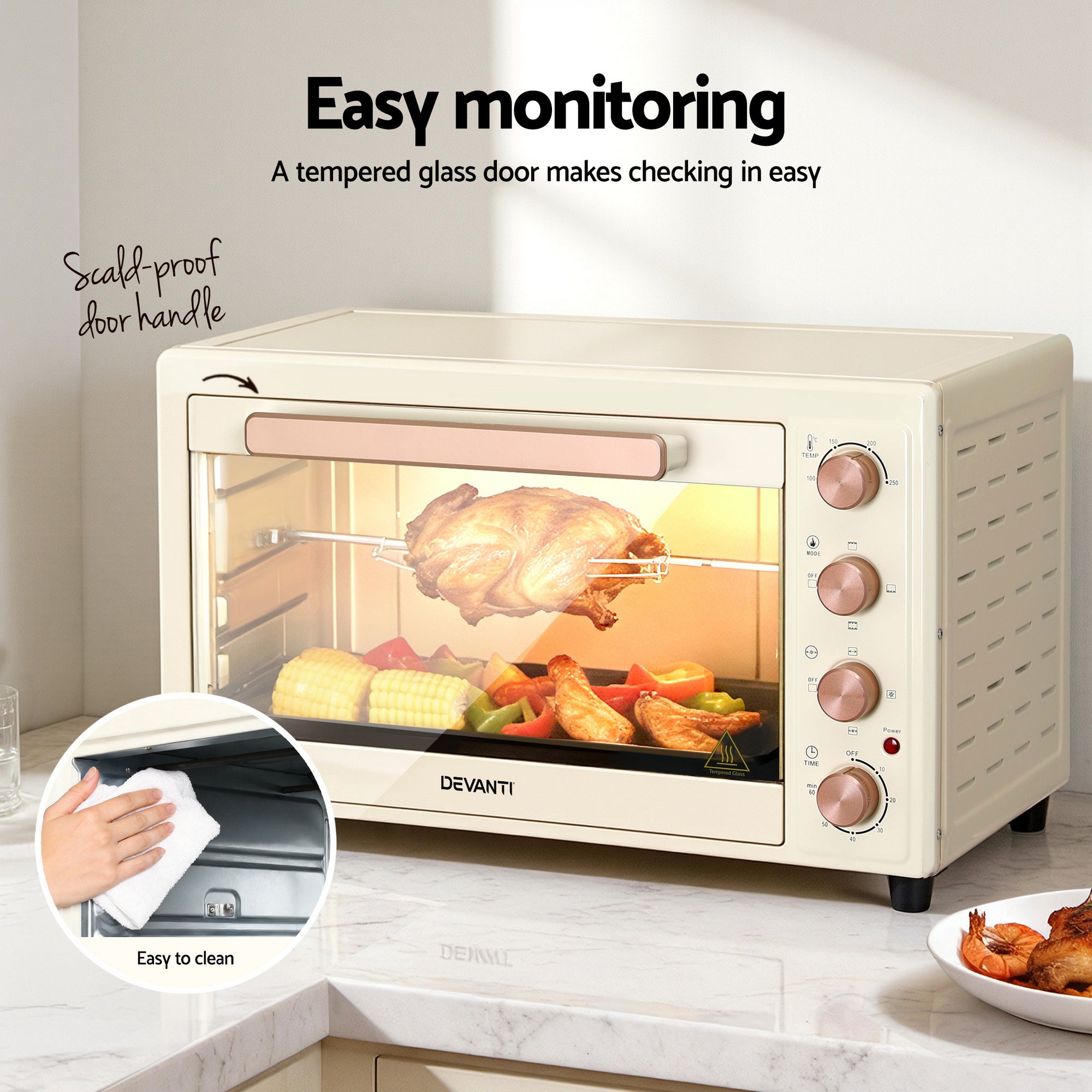 Devanti 60L Convection Oven Electric Fryer Ovens 2000W Cream