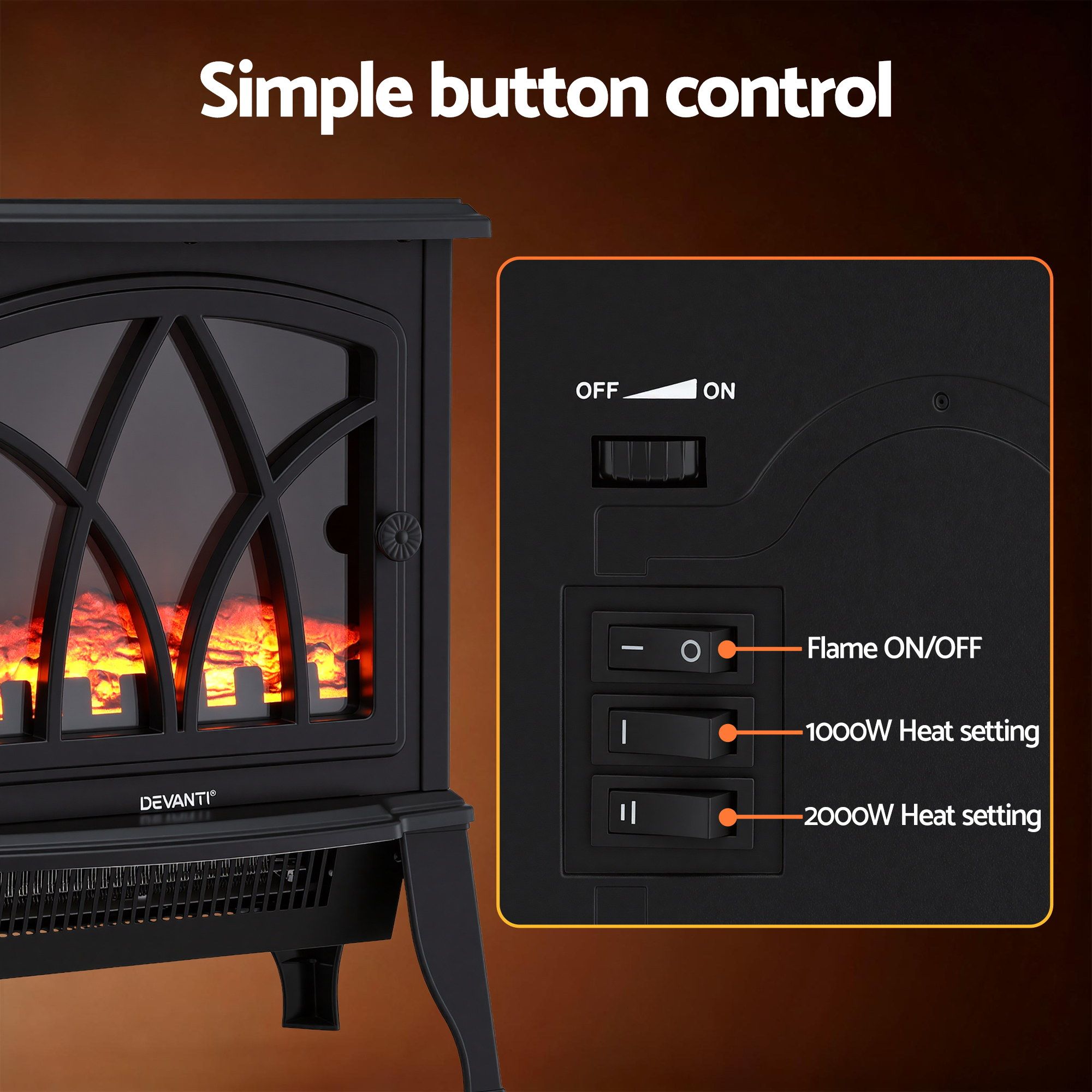 Devanti 2000W Electric Fireplace Heater Stove Freestanding 3D Flame Effect