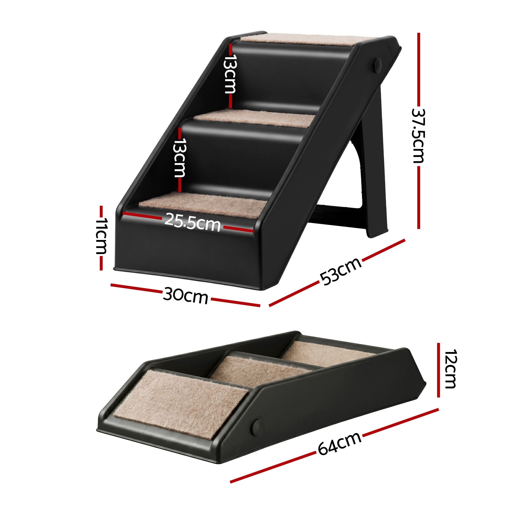 i.Pet Dog Ramp 3 Steps Pet Stairs For Bed Sofa Car Foldable Portable Ladder Black