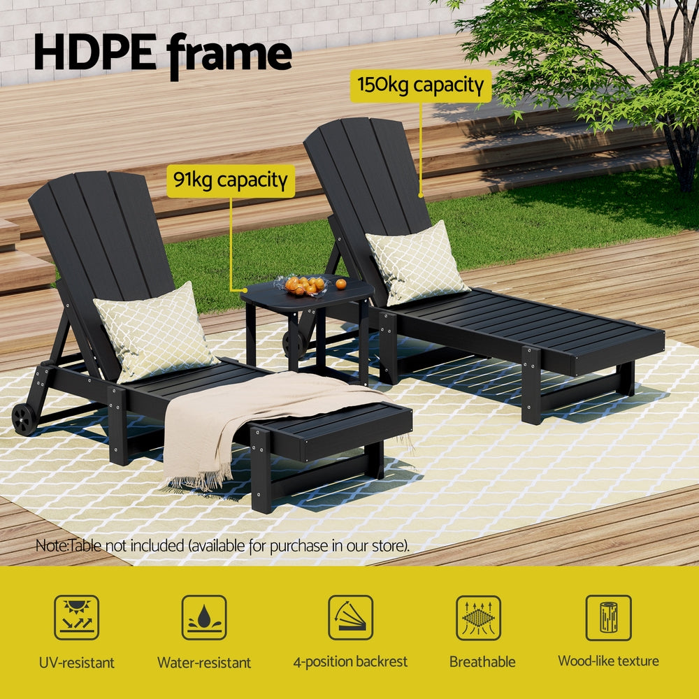 Gardeon Sun Lounge Lounger Table and Chairs Beach Chair HDPE Patio Outdoor Furniture Wheels Black