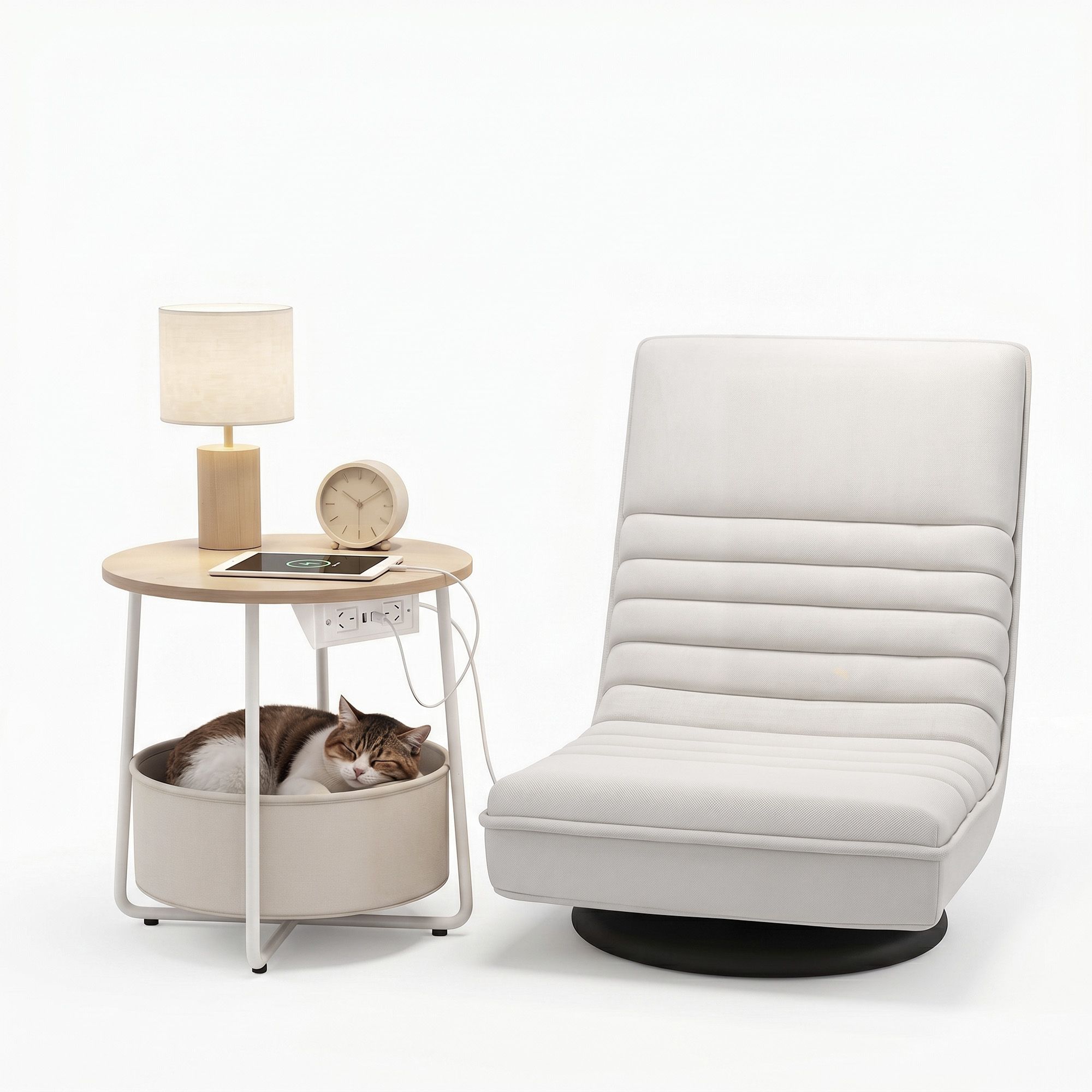 Artiss Floor Lounge & Round Coffee Table Side End Table with Charging Station Set