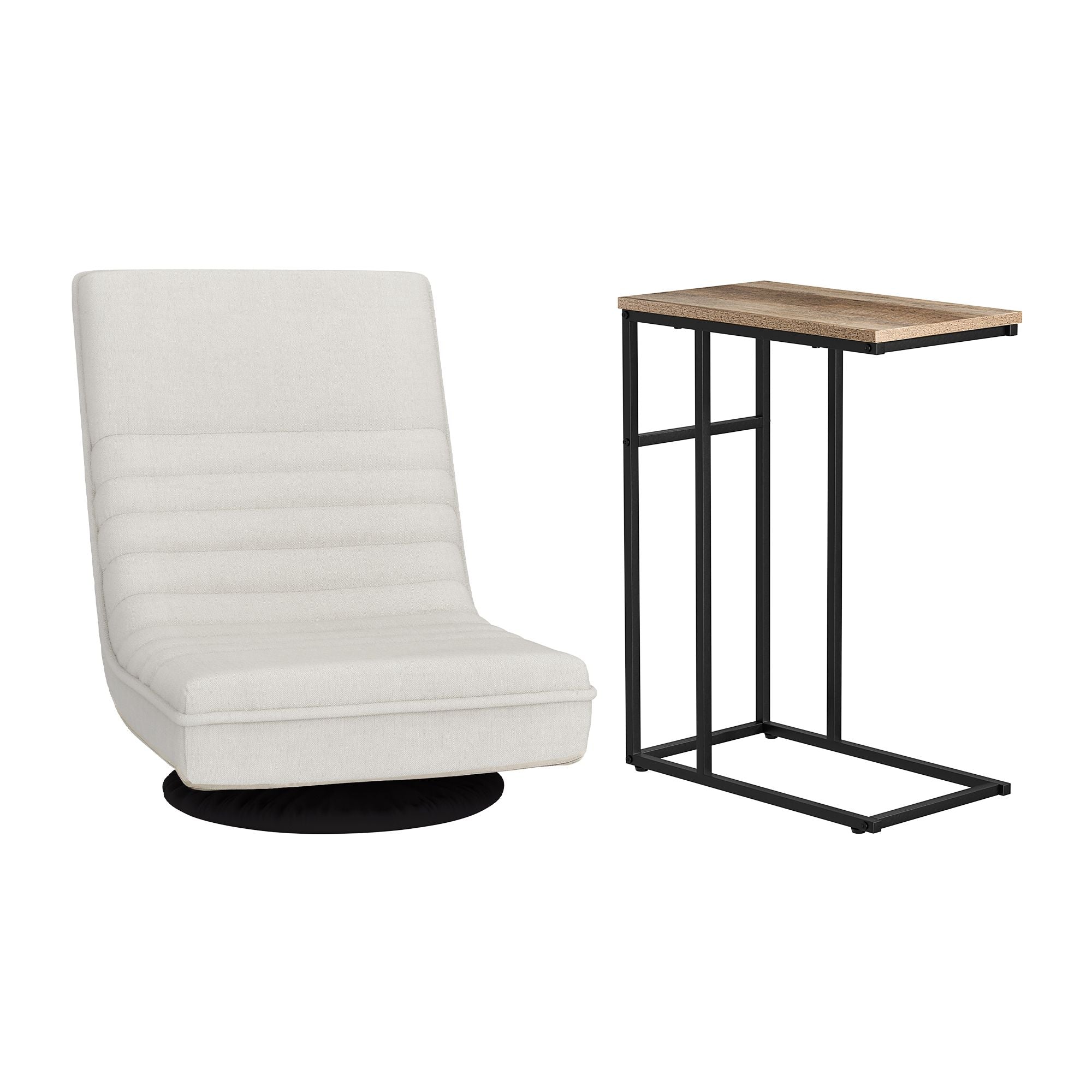 Artiss Floor Lounge & Coffee Table Set, Swviel Foldable Linen Sofa Chair White, C-Shaped Side Table Walnut