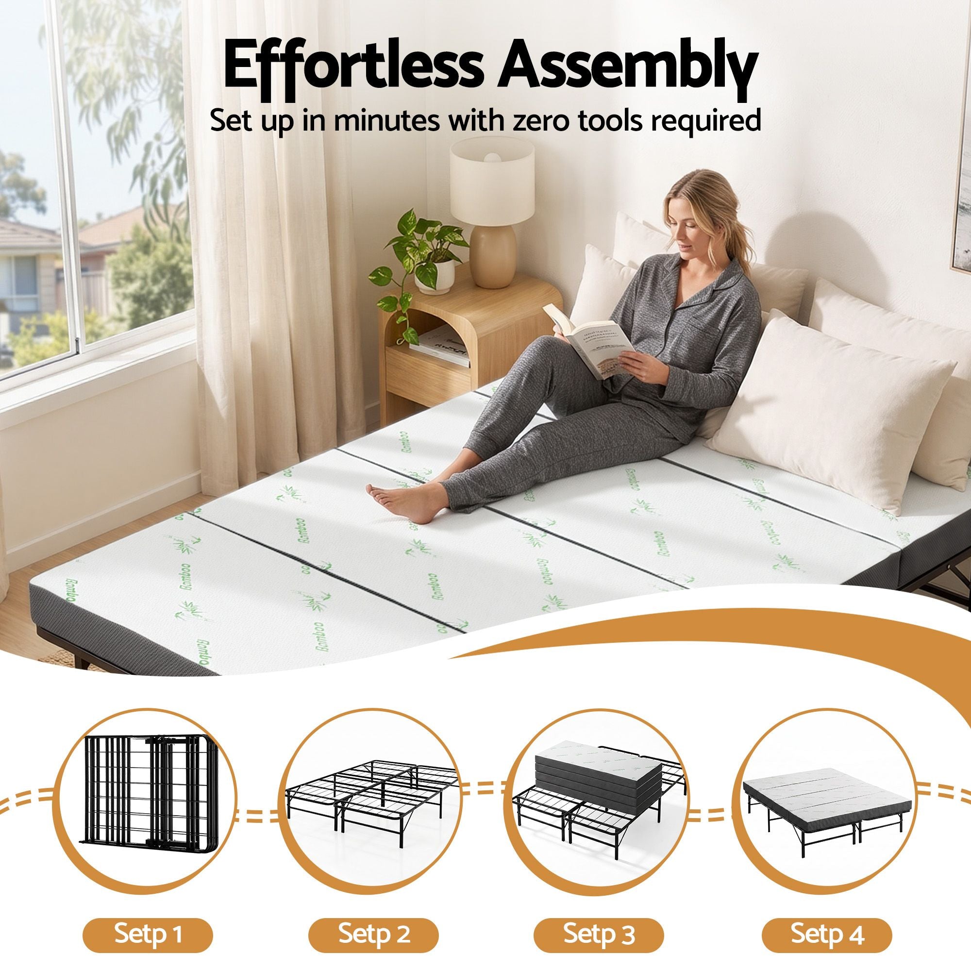 Giselle Double Folding Bed with Mattress 4 Fold Metal Frame Guest Bed Bamboo