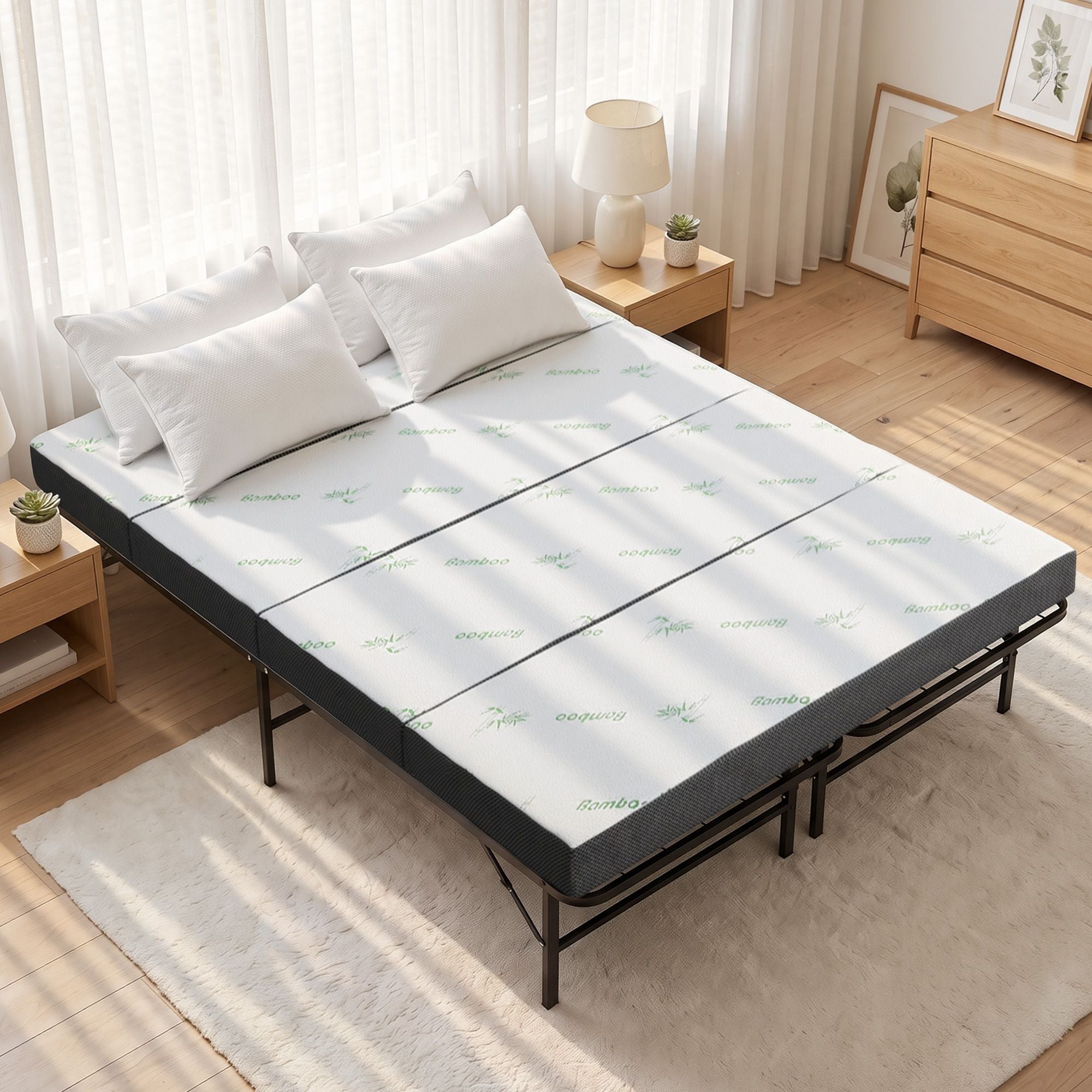 Giselle Double Folding Bed with Mattress 4 Fold Metal Frame Guest Bed Bamboo