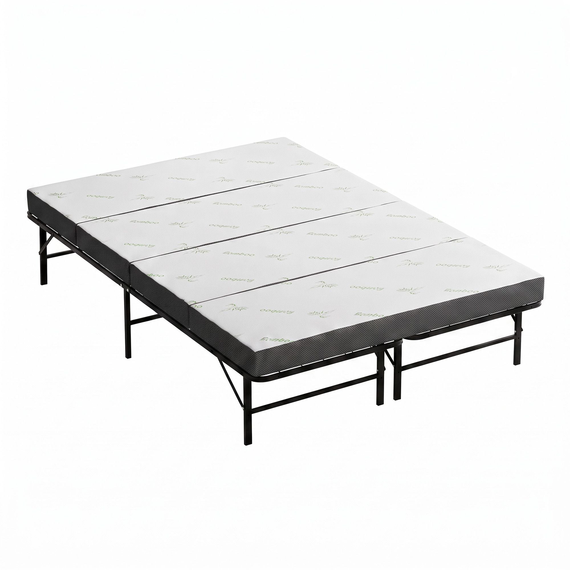 Giselle Double Folding Bed with Mattress 4 Fold Metal Frame Guest Bed Bamboo