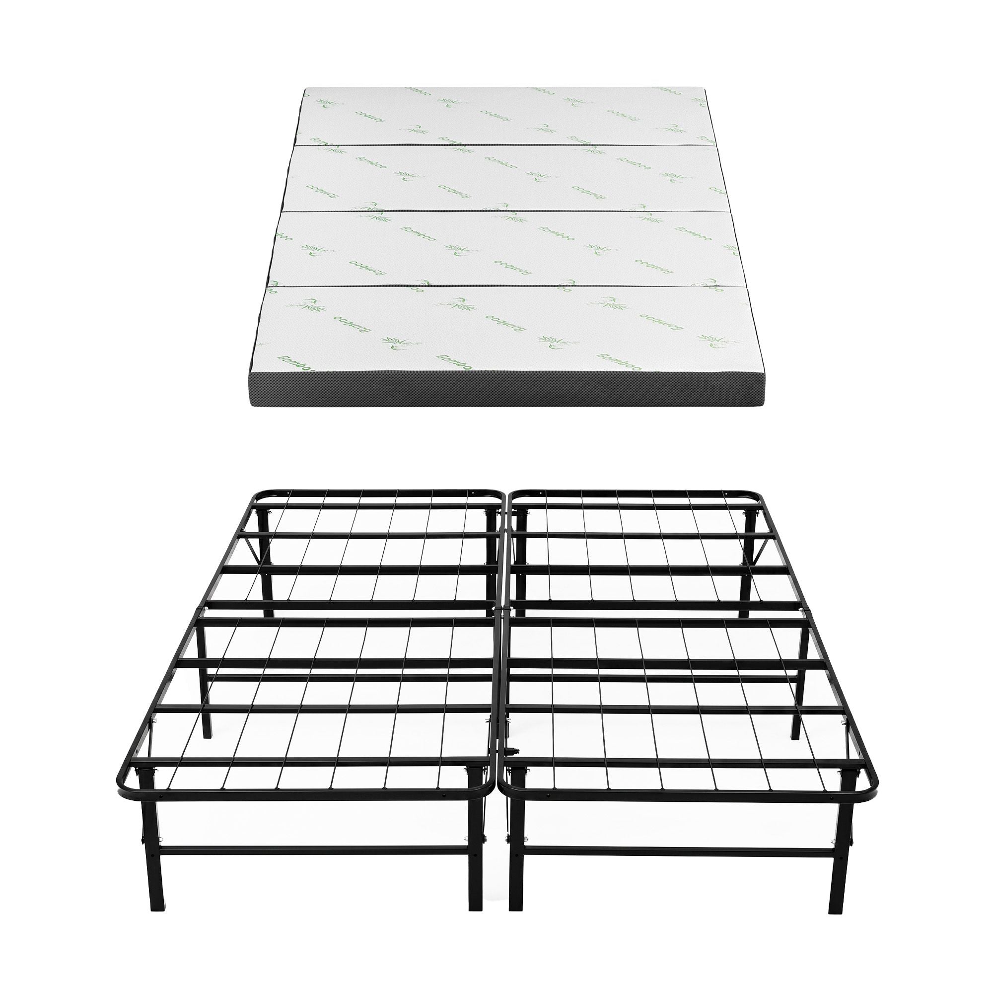 Giselle Double Folding Bed with Mattress 4 Fold Metal Frame Guest Bed Bamboo