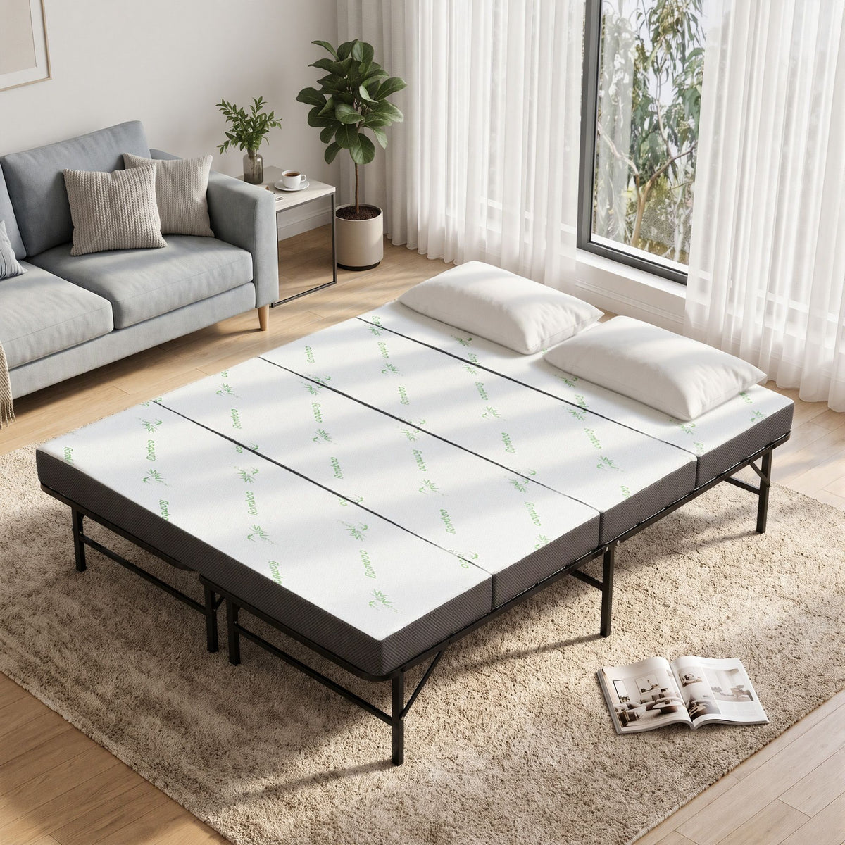 Giselle Queen Folding Bed with Mattress 4 Fold Metal Frame Guest Bed Bamboo