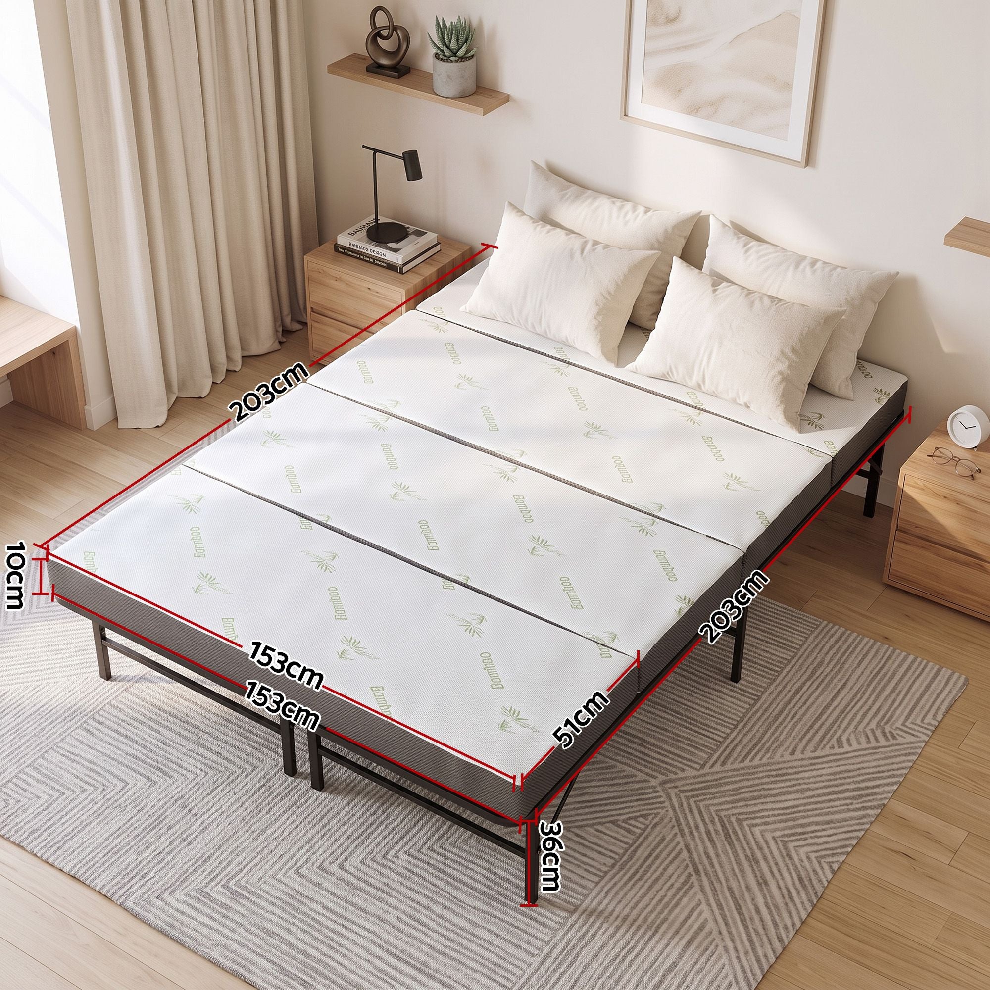 Giselle Queen Folding Bed with Mattress 4 Fold Metal Frame Guest Bed Bamboo