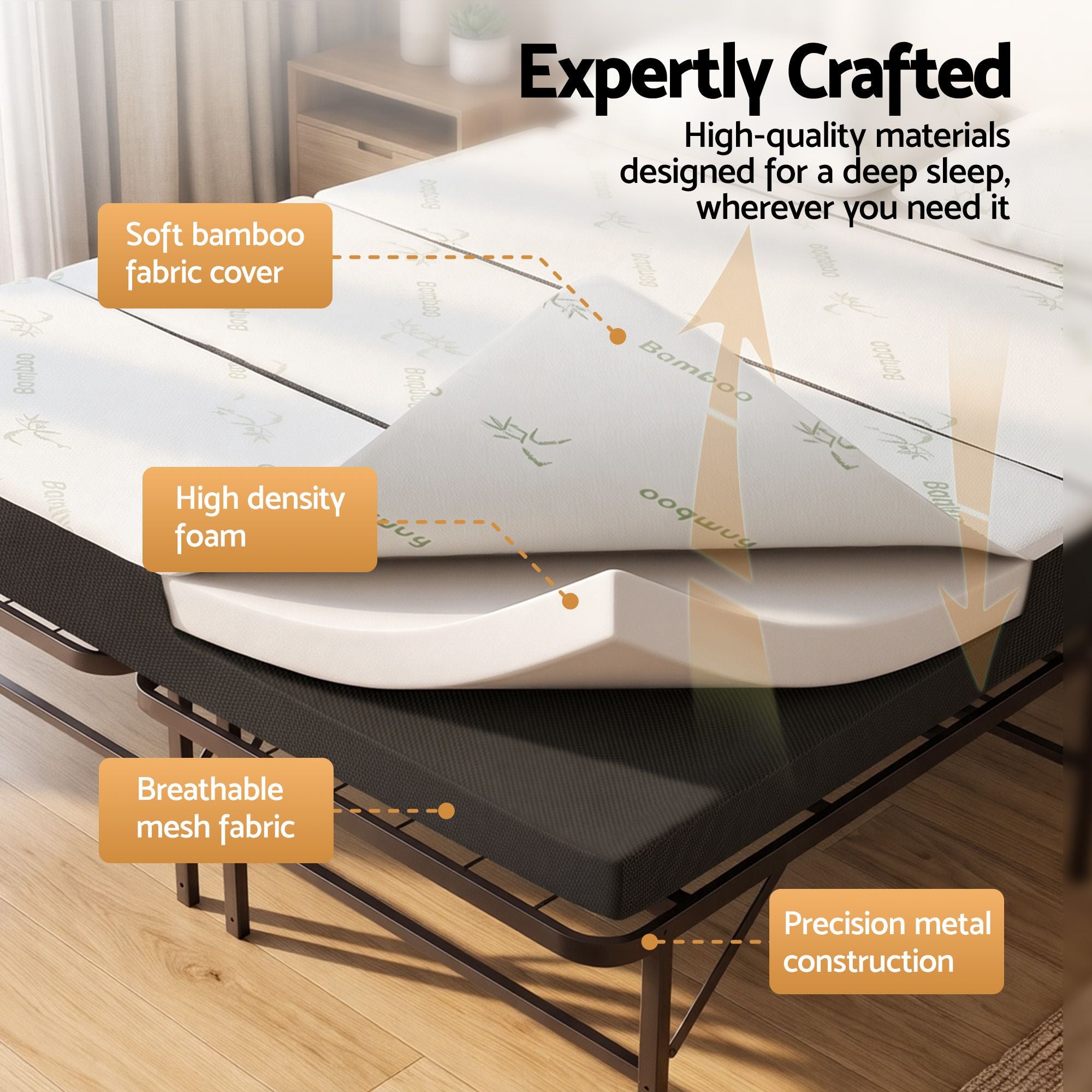 Giselle Queen Folding Bed with Mattress 4 Fold Metal Frame Guest Bed Bamboo