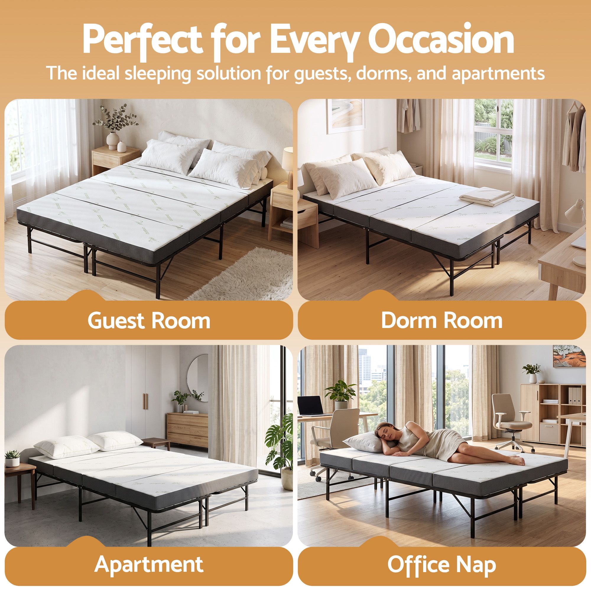 Giselle Queen Folding Bed with Mattress 4 Fold Metal Frame Guest Bed Bamboo