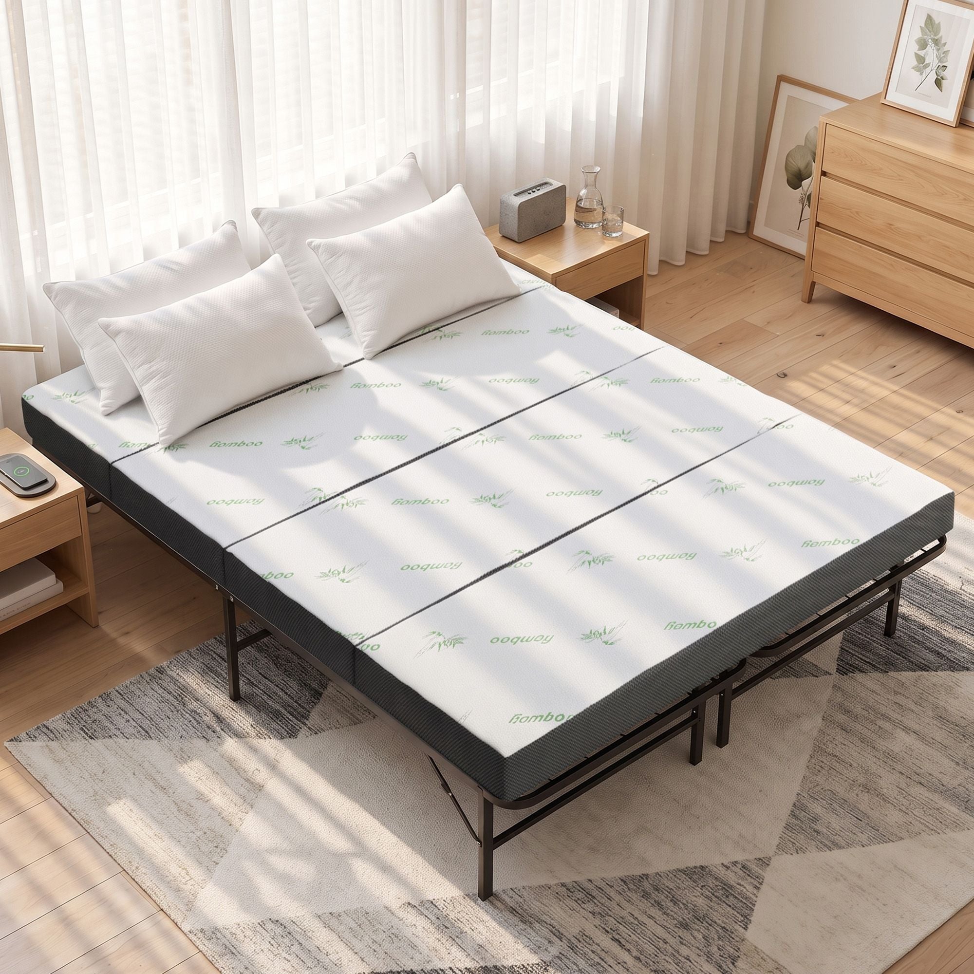 Giselle Queen Folding Bed with Mattress 4 Fold Metal Frame Guest Bed Bamboo