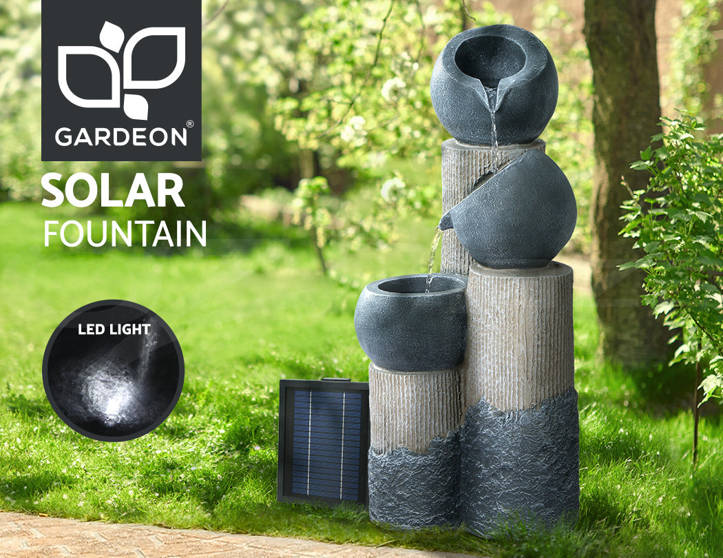 Gardeon Solar Water Feature Cascading Fountain 3-Tier Pot LED Lights 76CM Grey