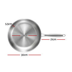 5-Star Chef 30cm Stainless Steel Frying Pan Uncoated Frypan with Tri-Ply Body Silver