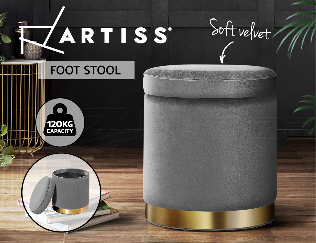 Artiss Ottoman Storage Foot Stool Round Velvet Charcoal