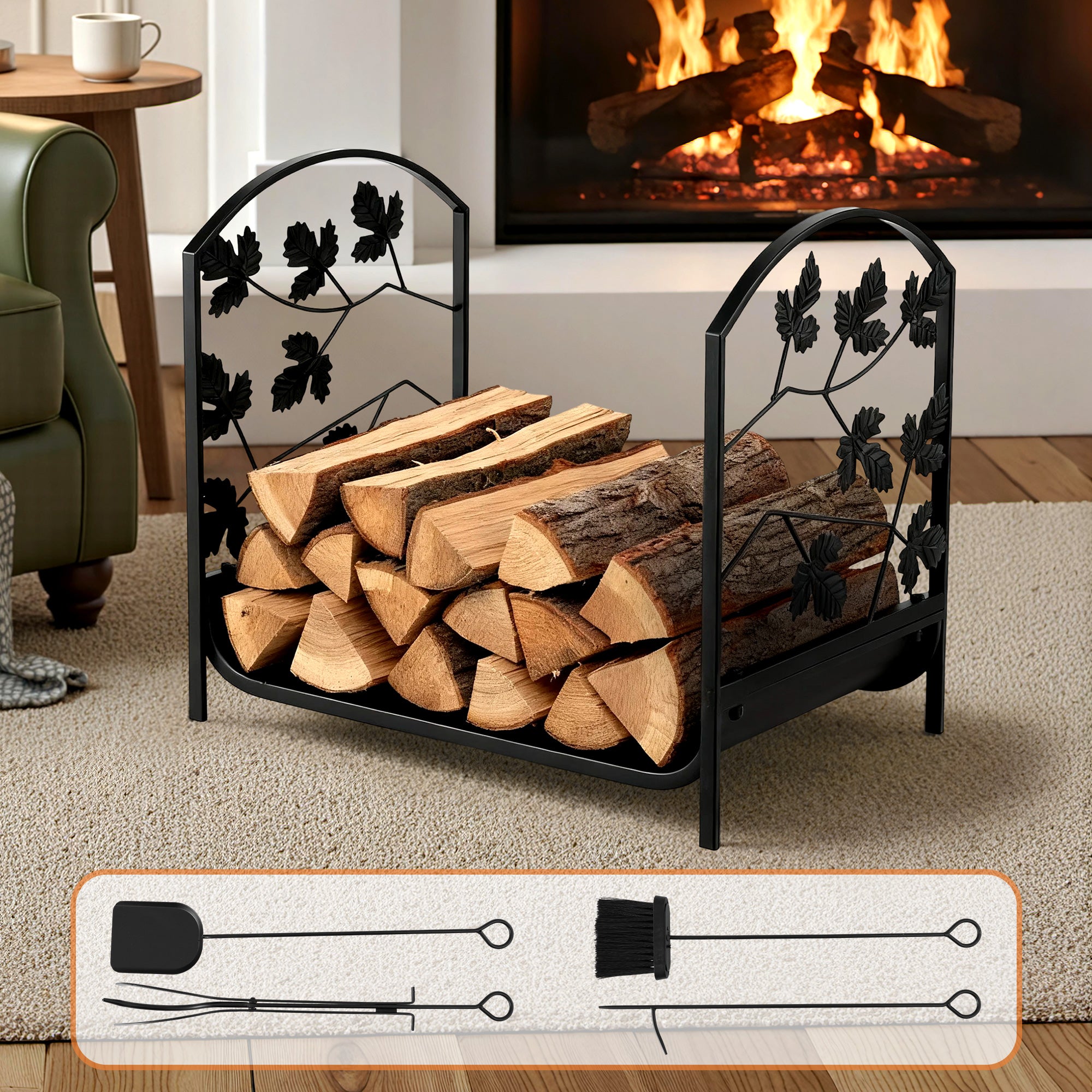 Gardeon Firewood Rack 48cm Wood Rack Firewood Storage Indoor Outdoor Black - Free Delivery