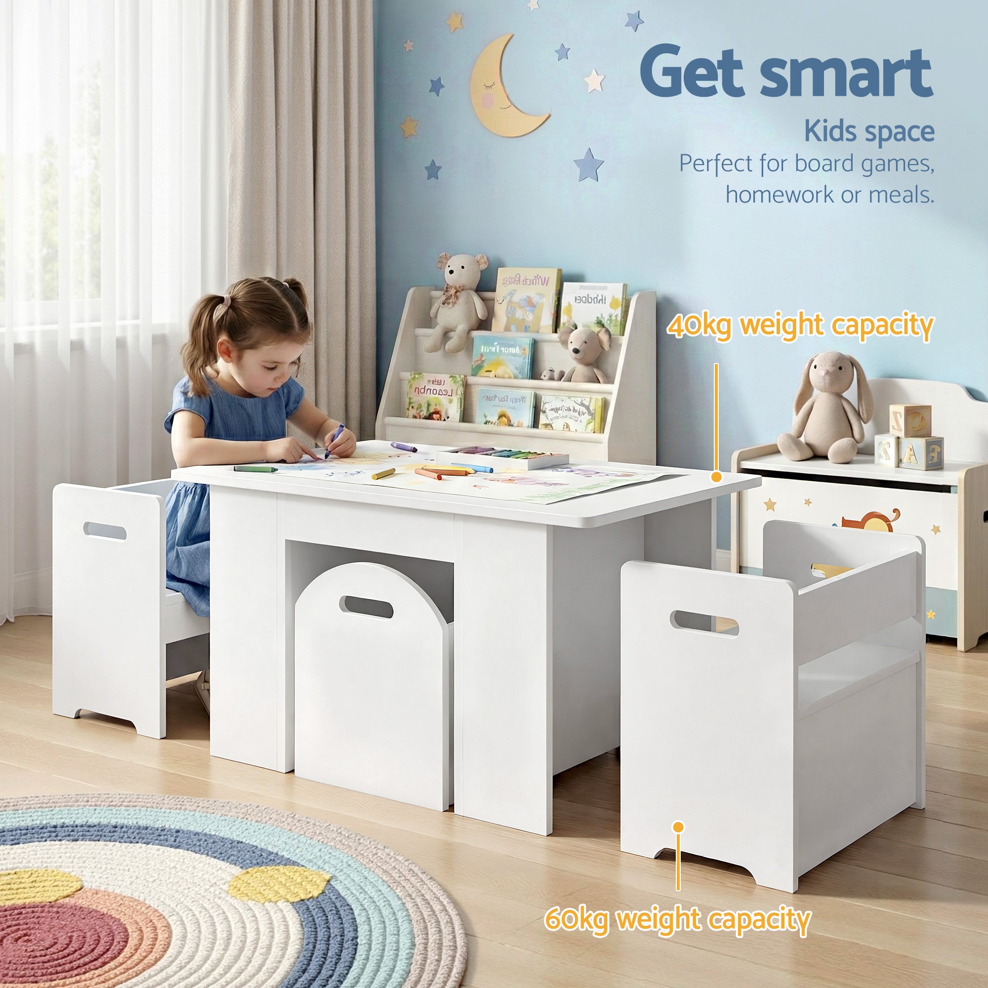 Keezi 3 Piece Kids Table and Chairs Set Storage Toys Play Activity Desk