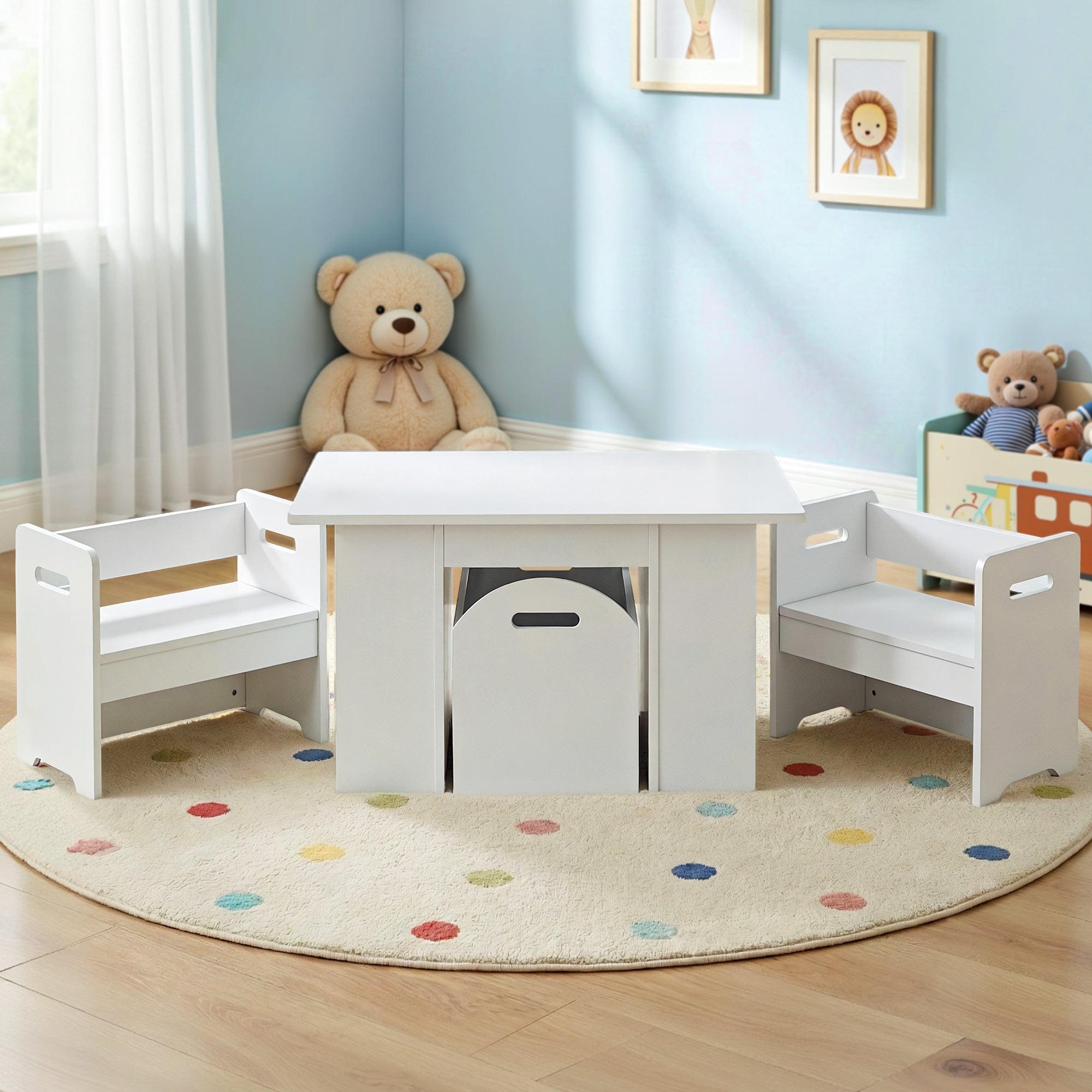 Keezi 3 Piece Kids Table and Chairs Set Storage Toys Play Activity Desk