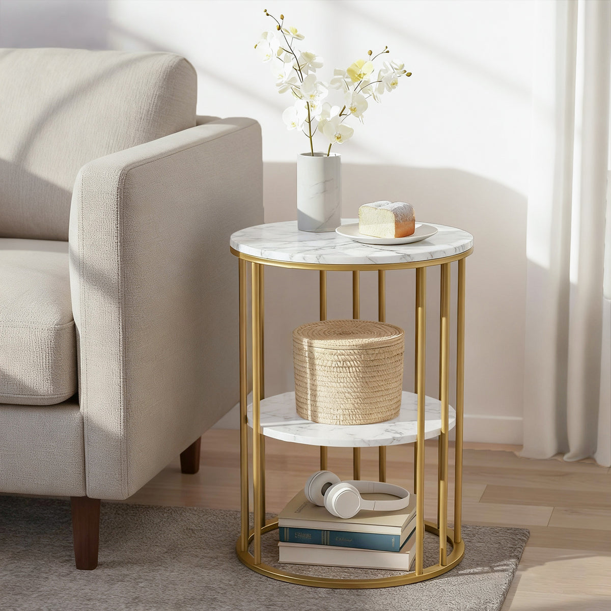 Artiss Coffee Table 2-Tier Round Marble Effect Free Delivery