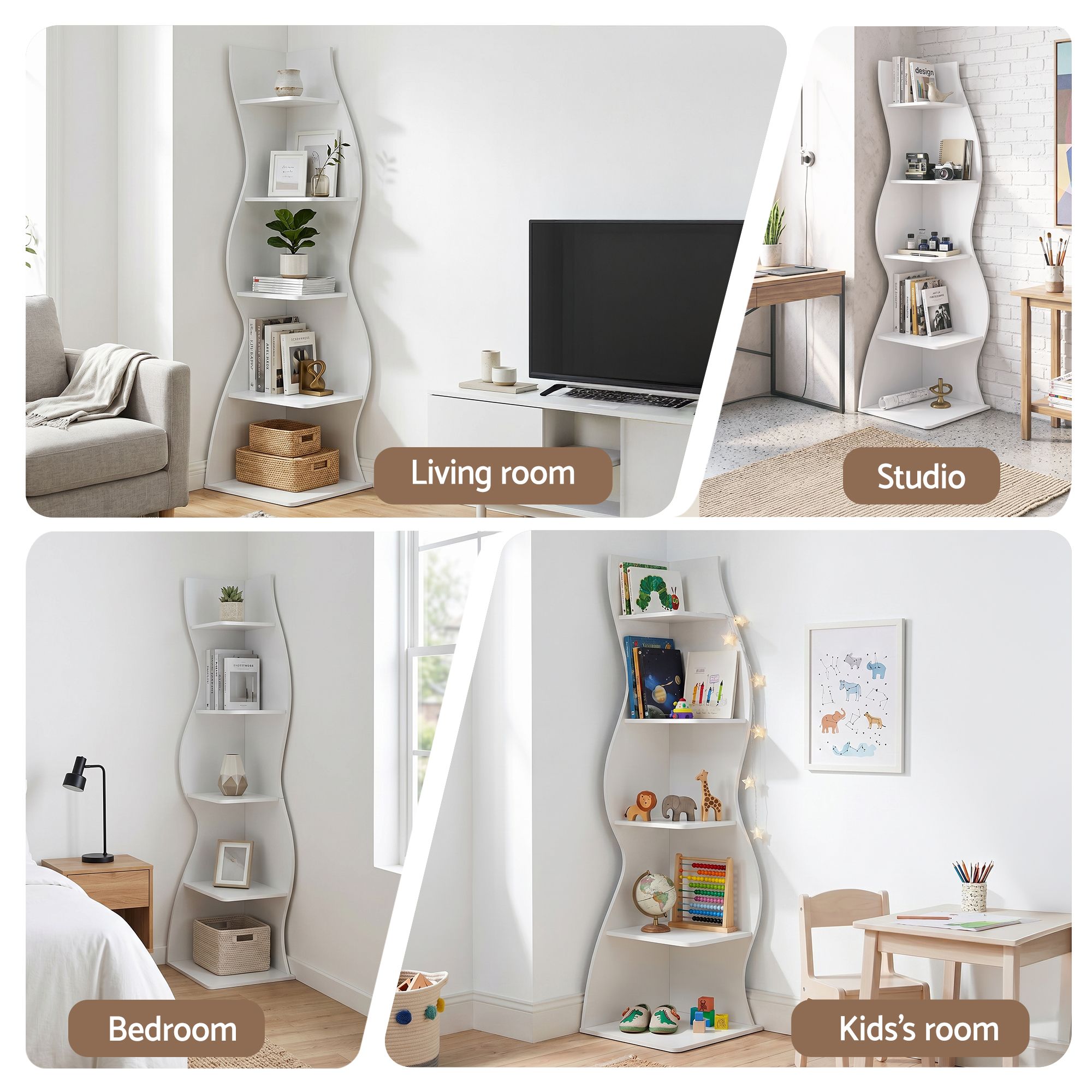 Artiss 5-Tier Bookshelf Corner Shelf S-shaped Storage Rack White