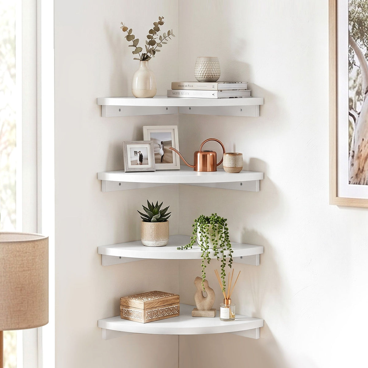 Artiss 4pc Corner Floating Wall Shelf Wall Mounted Display Rack Round Edge White