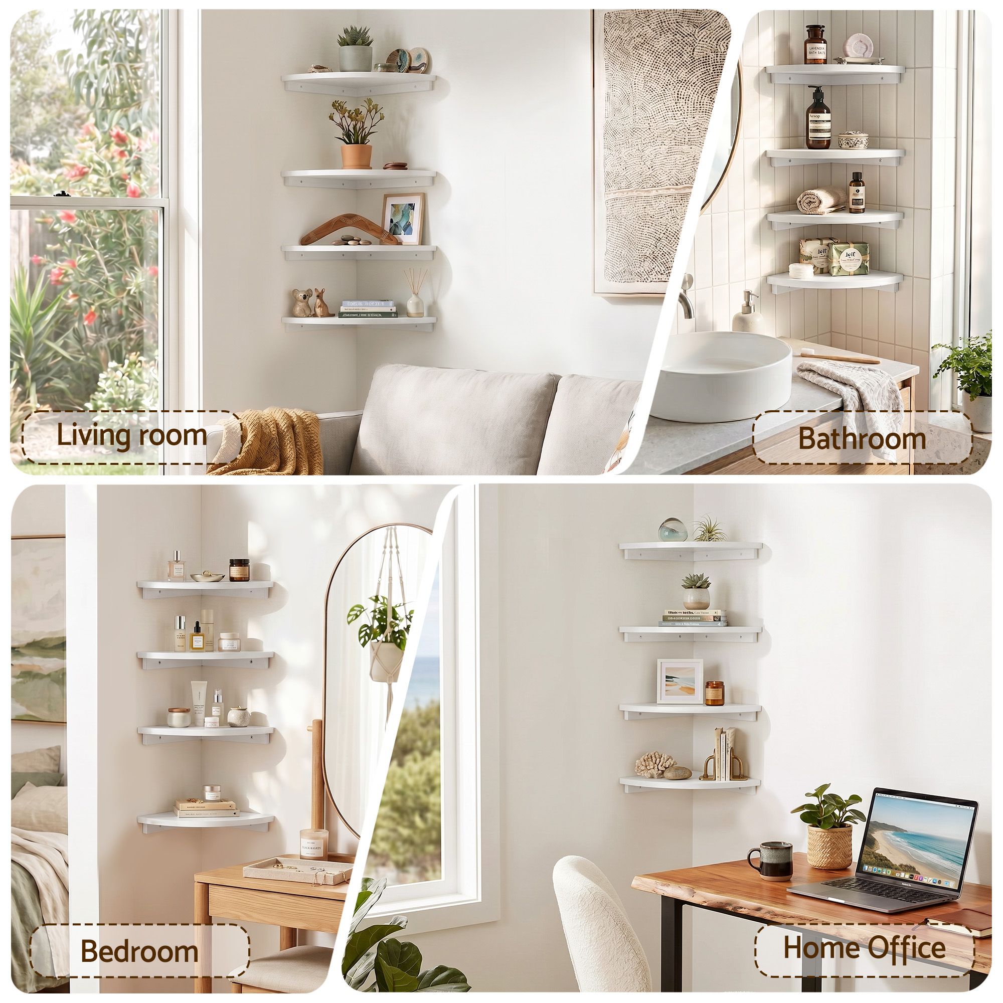 Artiss 4pc Corner Floating Wall Shelf Wall Mounted Display Rack Round Edge White