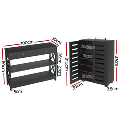 Artiss Shoe Rack Cabinet & Console Table Set Storage Shelf Black