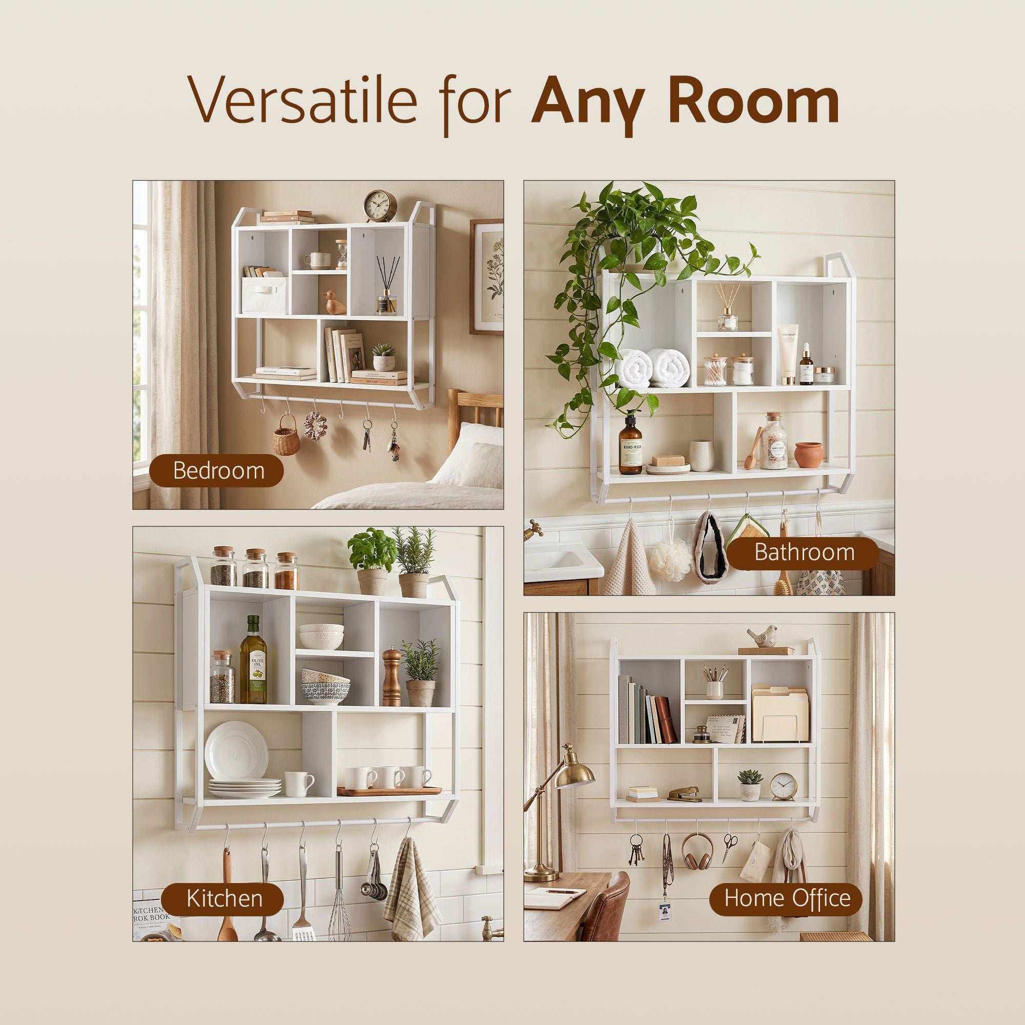 Artiss Floating Wall Shelf 6 Hooks Wall Mounted Storage Cubby Rack 73.5x74CM White