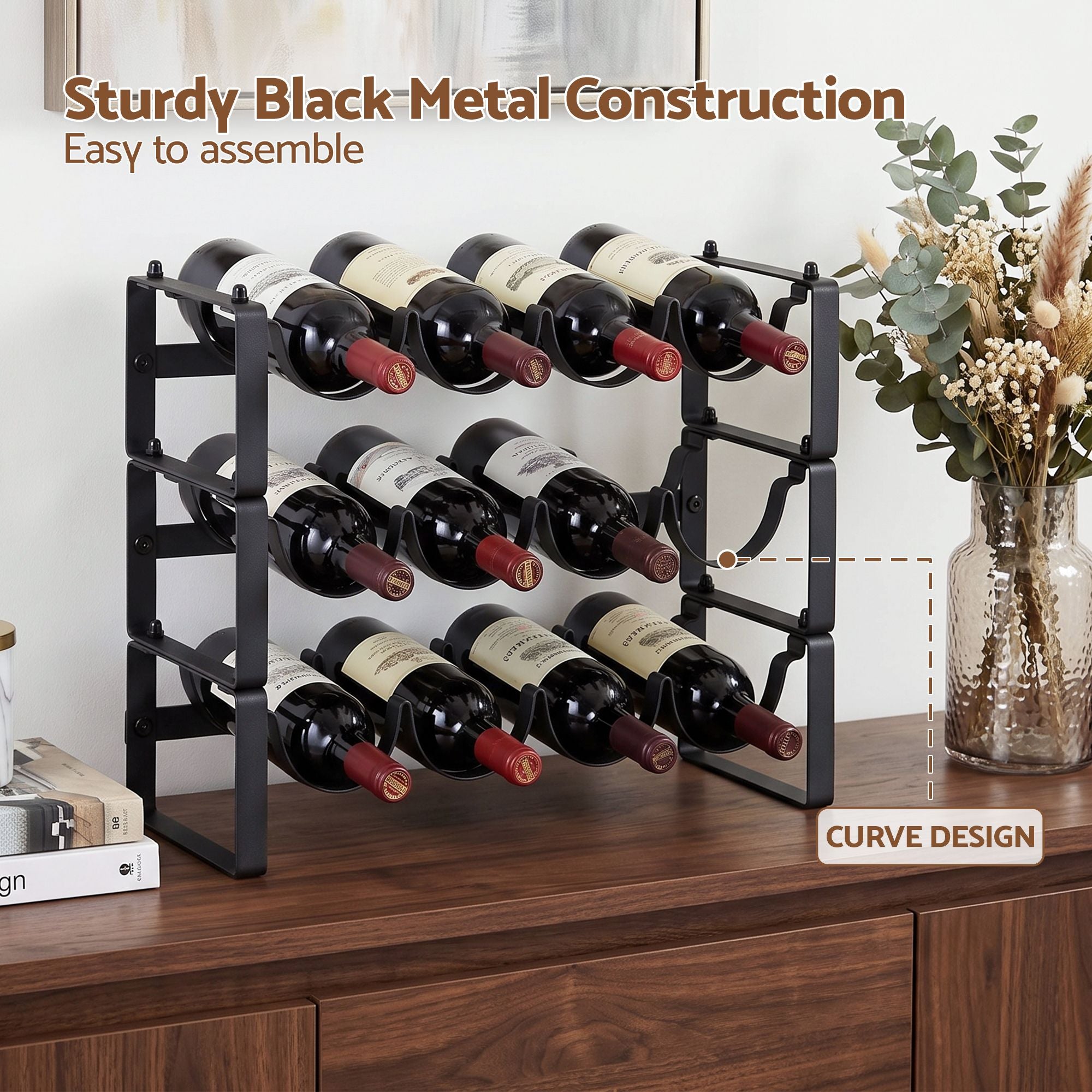 Artiss 3-Tier Wine Rack Metal Freestanding 12 Bottles Modular Countertop Wine Display Shelf Black