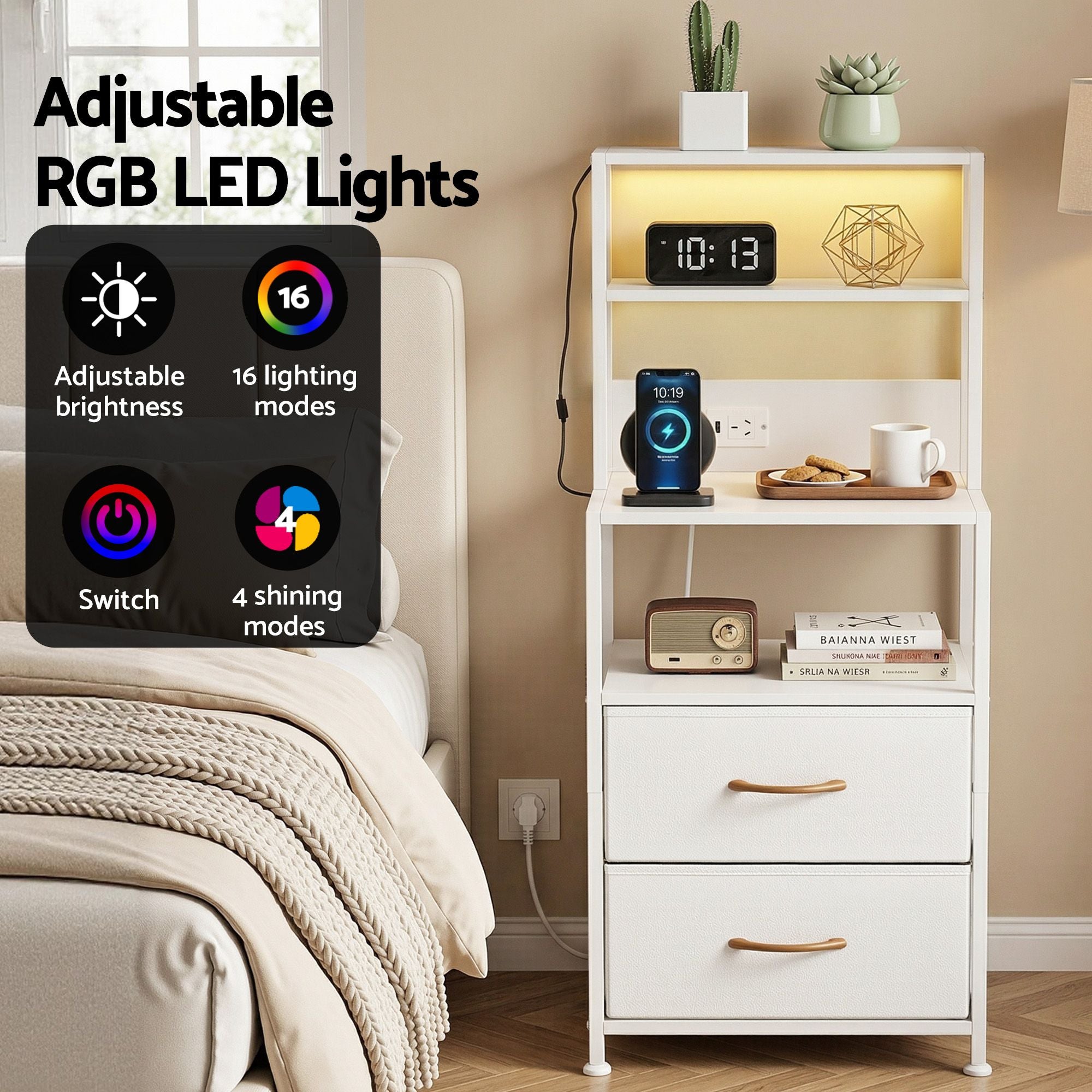 Artiss Bedside Table Tall Nightstand with Charging Station Drawers LED White