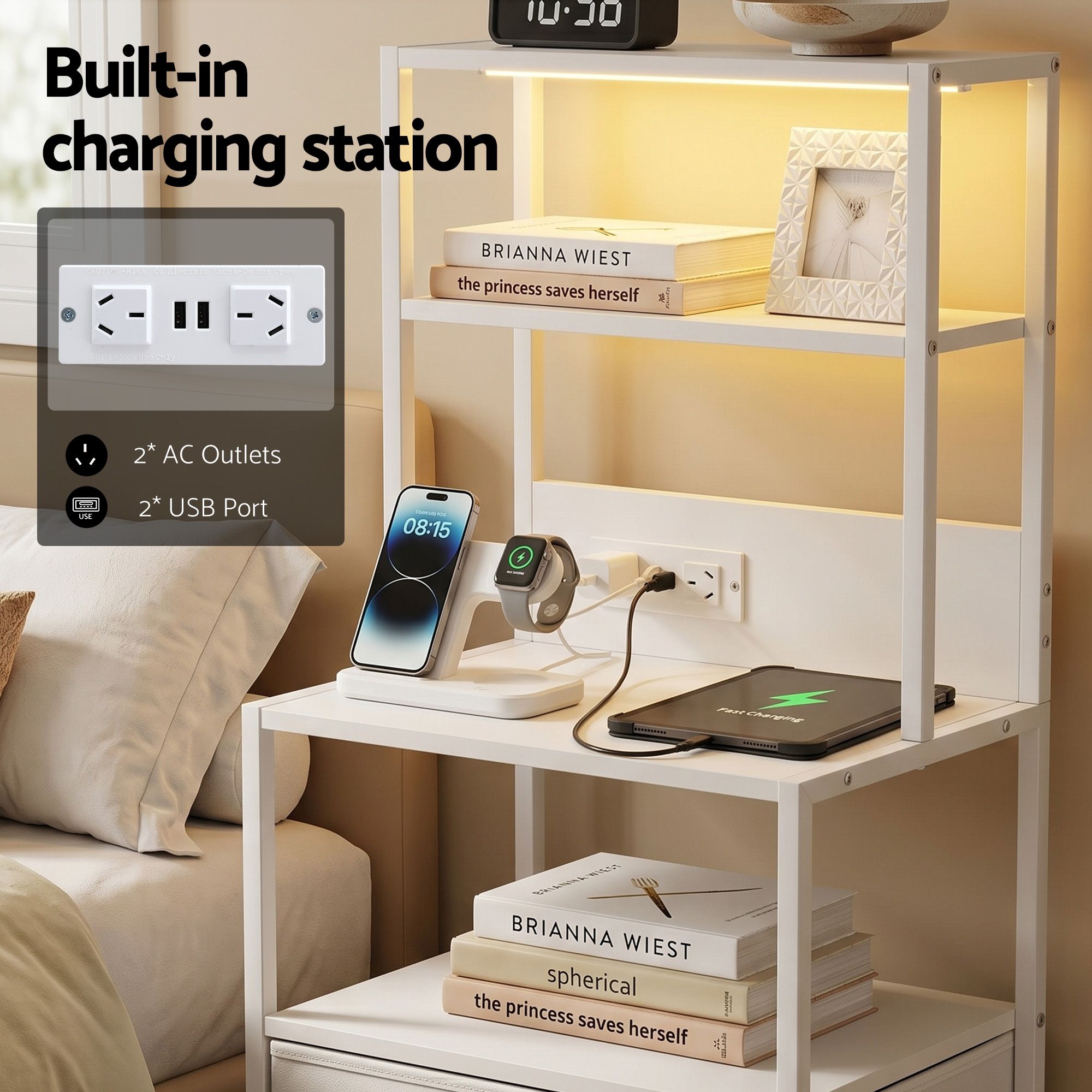 Artiss Bedside Table Tall Nightstand with Charging Station Drawers LED White