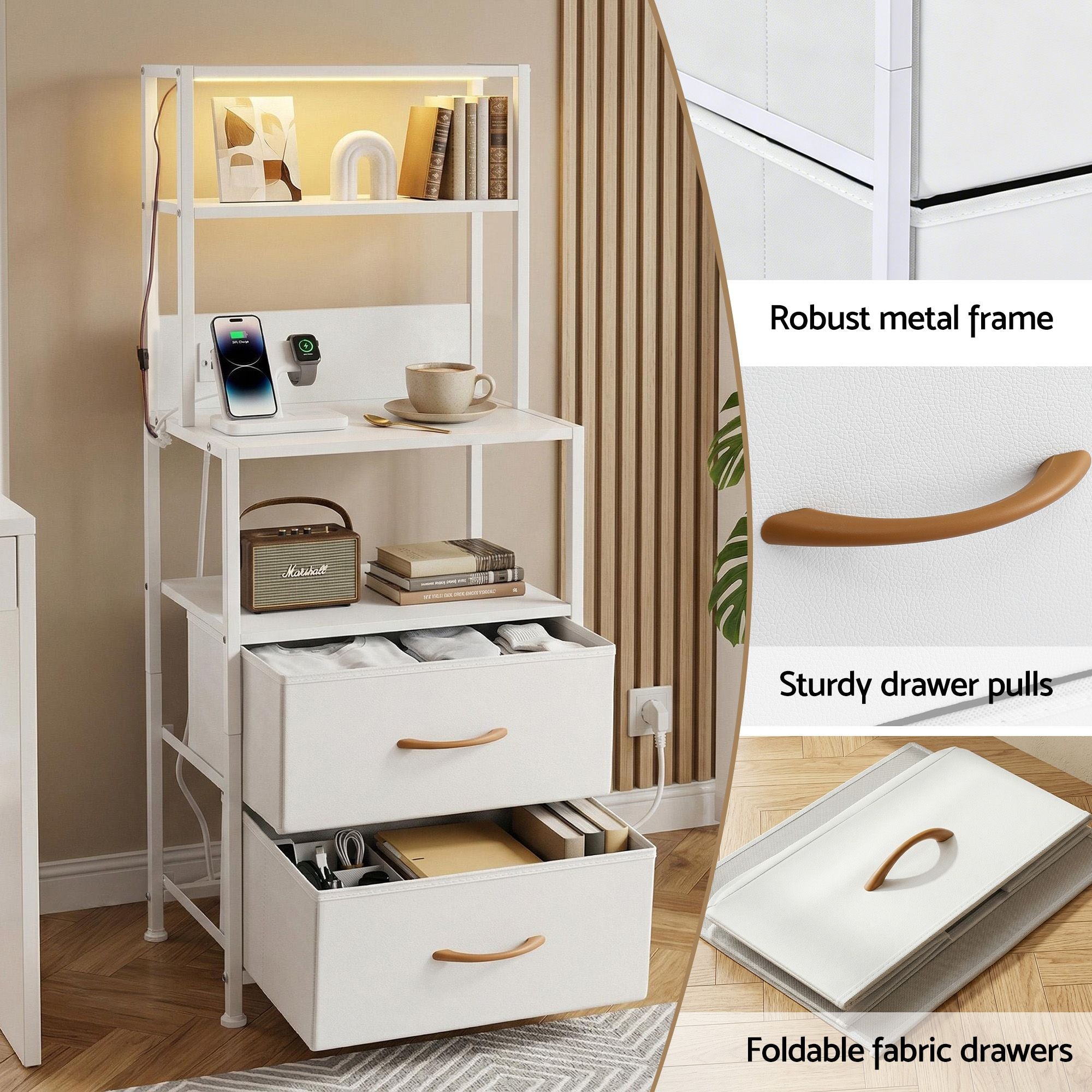 Artiss Bedside Table Tall Nightstand with Charging Station Drawers LED White