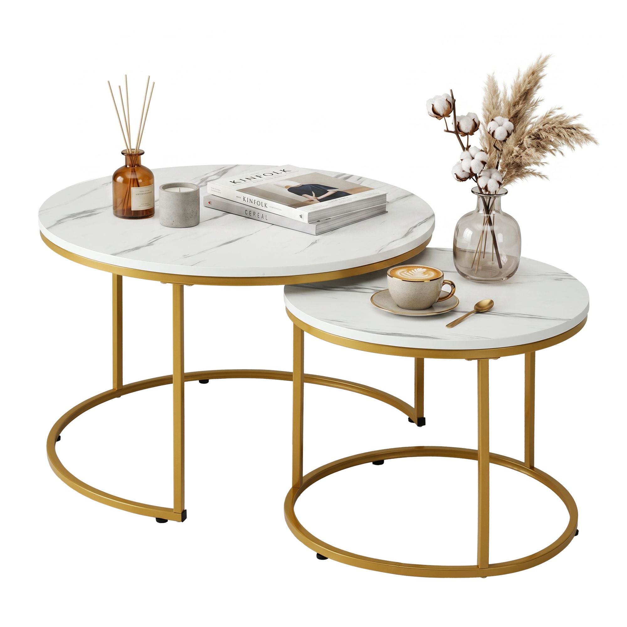 Artiss Nesting Coffee Table Set of 2 Round Marble Effect 70/50cm White & Gold