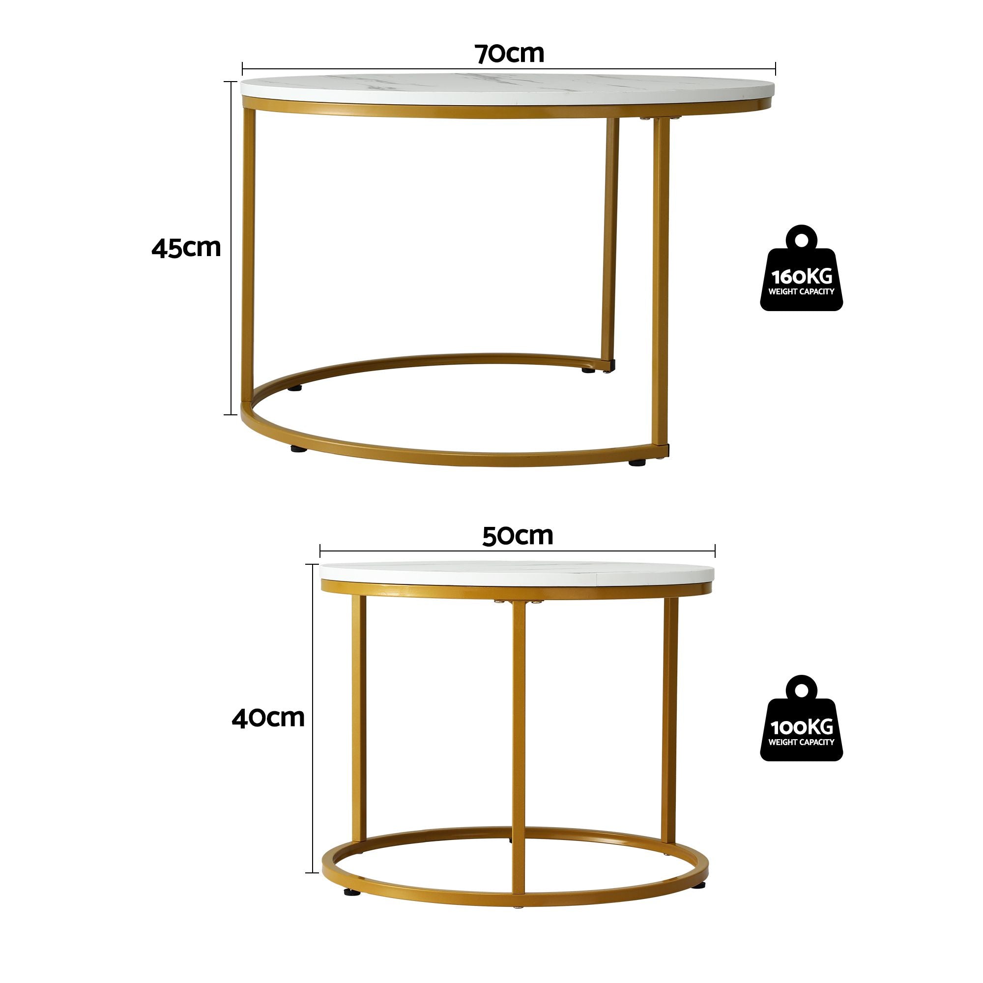 Artiss Nesting Coffee Table Set of 2 Round Marble Effect 70/50cm White & Gold