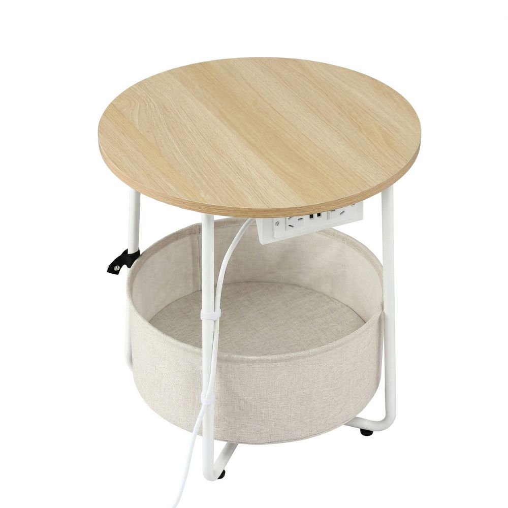 Artiss Round Coffee Table Side End Table Charging Station Storage Basket