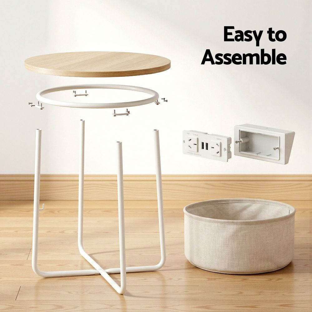 Artiss Round Coffee Table Side End Table Charging Station Storage Basket