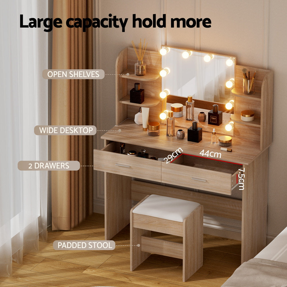 Artiss Dressing Table Set Stool 10 Led Bulbs Wood