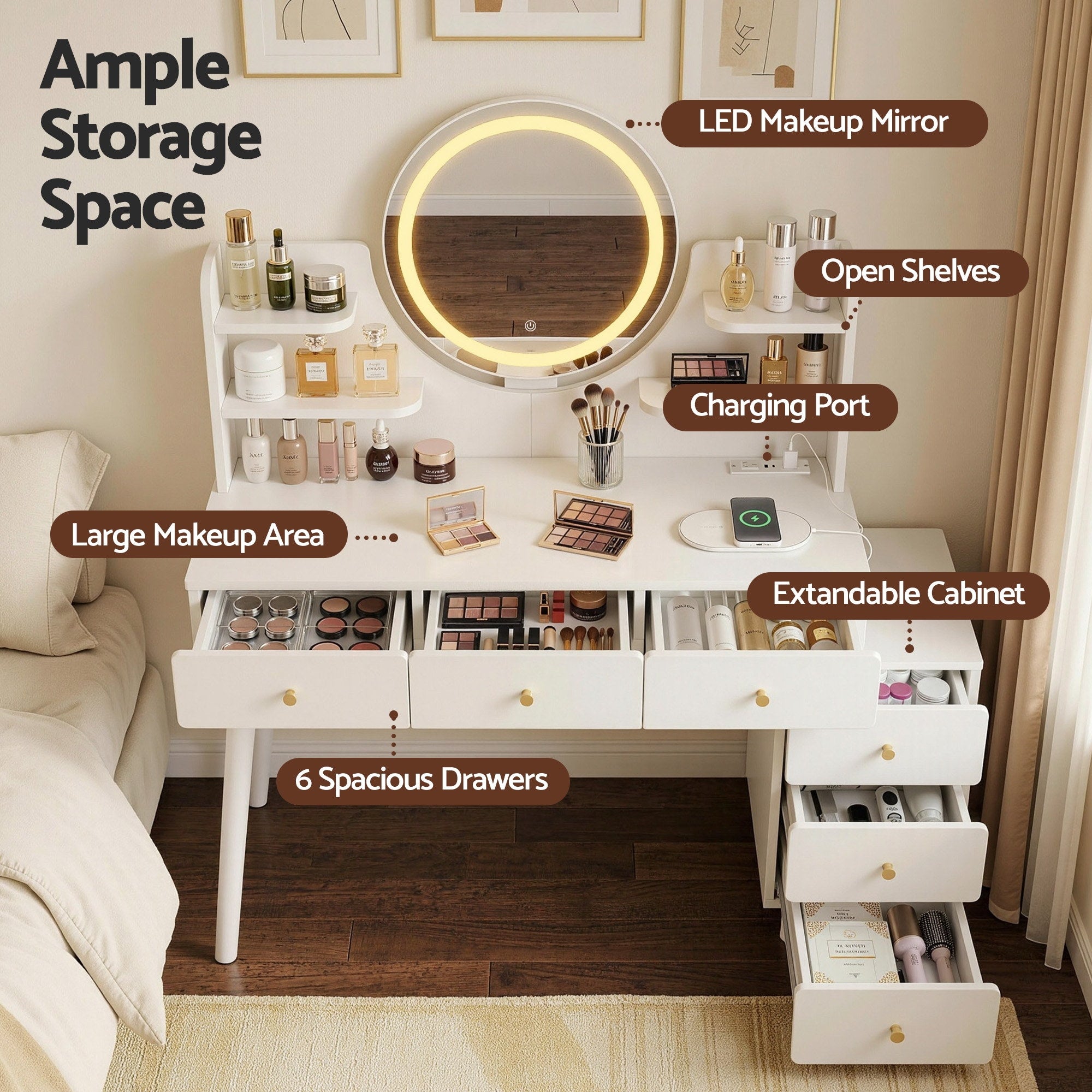 Artiss Dressing Table Vanity Desk LED Charging Station White