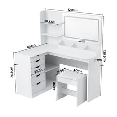 Artiss Dressing Table Corner Vanity Desk Set Stool LED Charging Station White