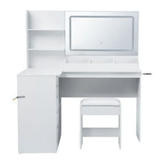 Artiss Dressing Table Corner Vanity Desk Set Stool LED Charging Station White