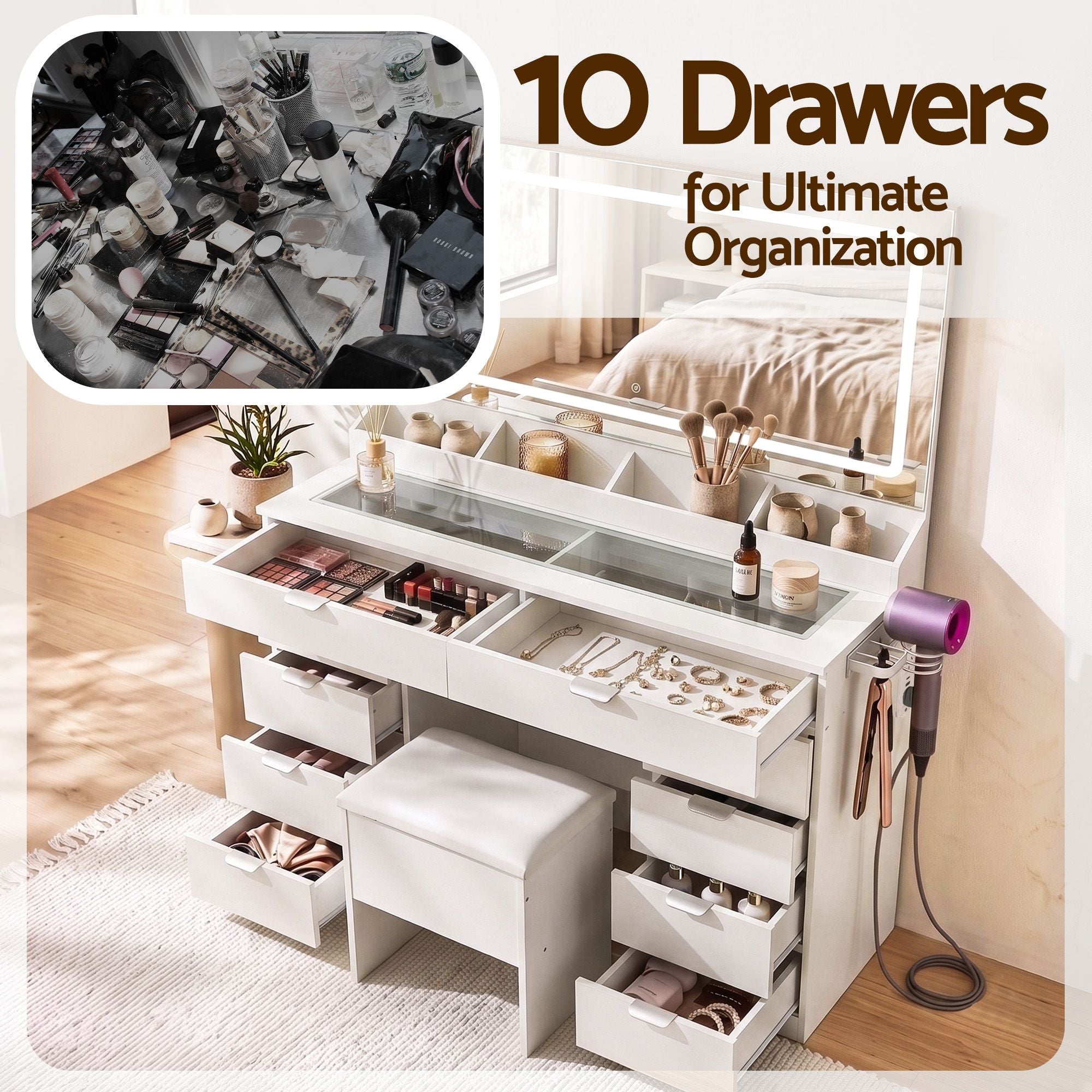 Artiss Dressing Table Makeup Vanity Desk Large LED Mirror 10 Drawers Power