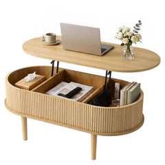 Artiss Lift Top Coffee Table Fluted Centre Table with Hidden Storage Oval 100cm